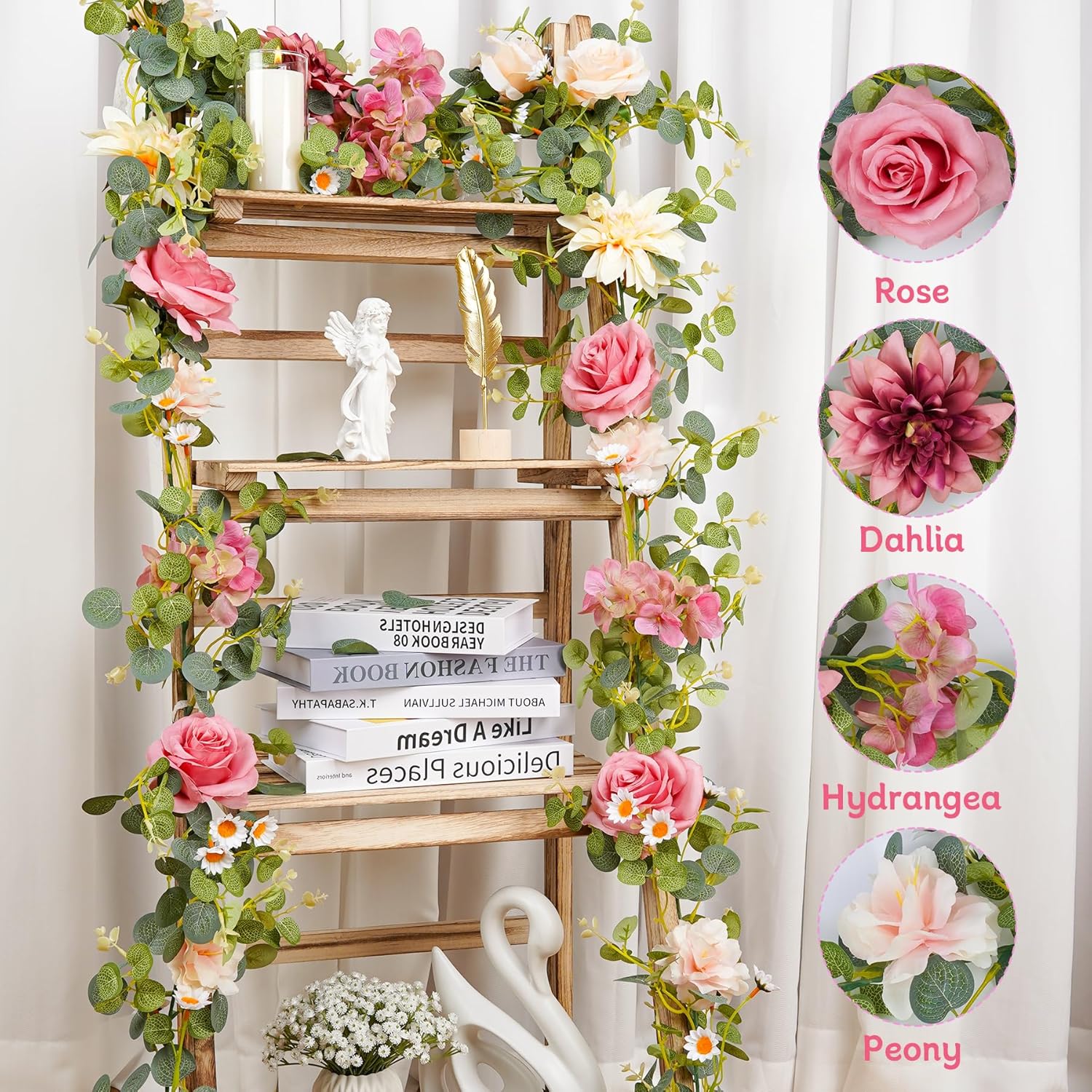 6.07Ft Pink Flower Garland, Silk Artificial Flowers Centerpieces For Tables, Eucalyptus Garland With Rose Dahlia Vines Hanging Outdoor Garlands For Wedding Birthday Party Backdrop Decorations(1 Pack)