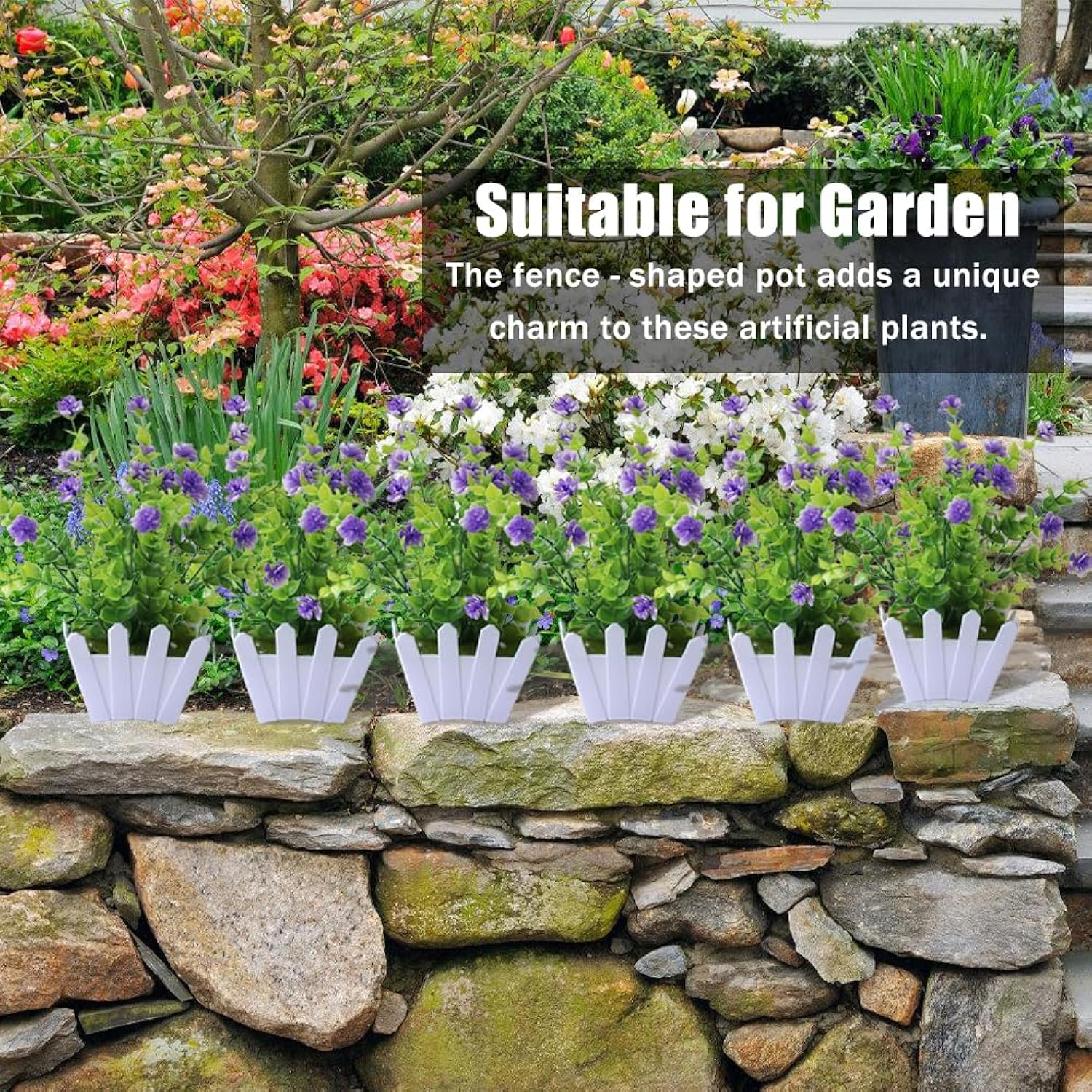 Artificial Faux Plants Flowers,Mini Plastic Potted Fake Flowers Plants,Fence Pot For Outside Home Planter Porch Patio Yard Office Desk Decor