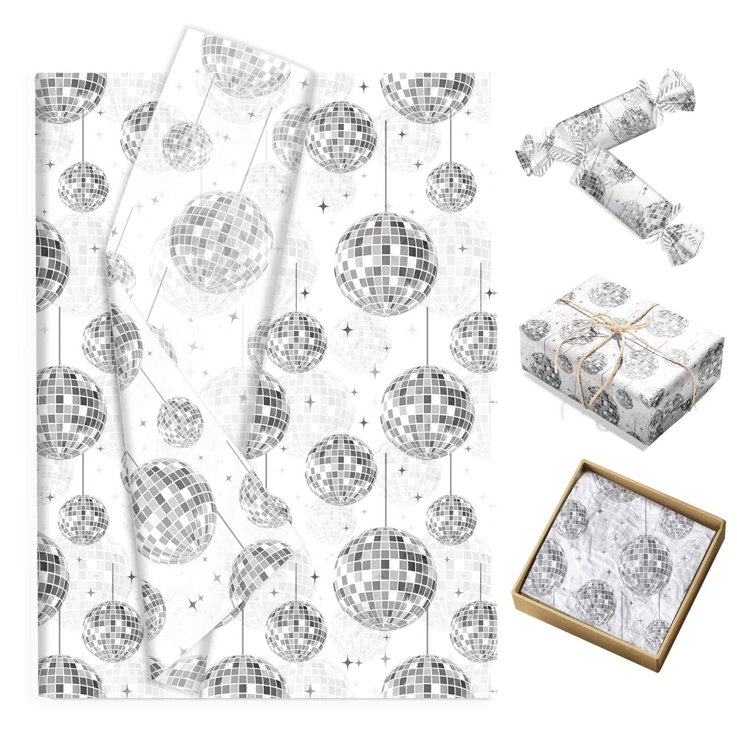 100Sheets Disco Theme Silver Ball Pattern Tissue Paper Disco Ball Wrapping Paper Diy Crafts Decorative Supplies For Birthday Wedding Baby Shower Party Decorations,13.8 * 19.7Inches