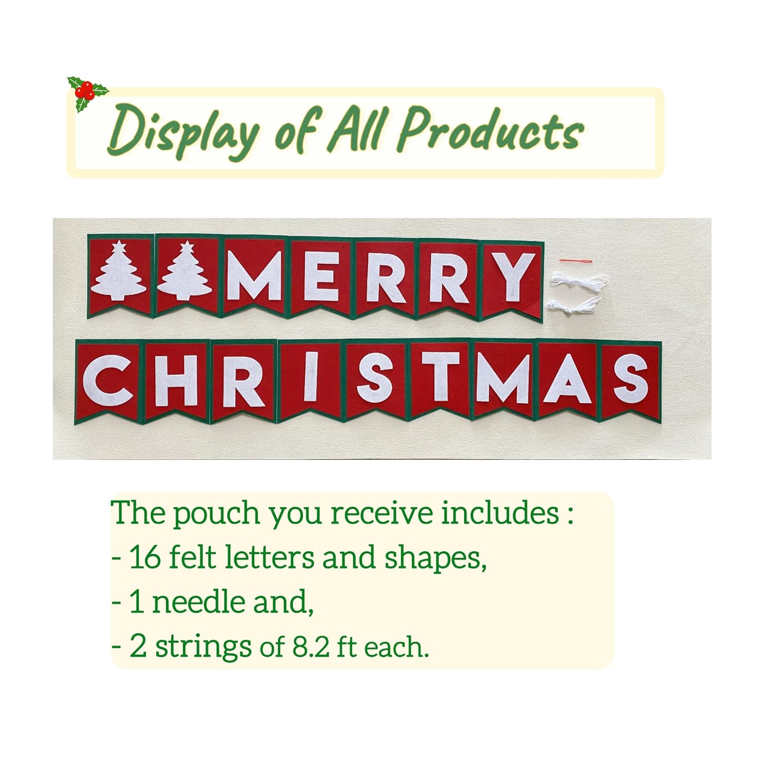 Felt Merry Christmas Banner Garland, 6.5''X5'' Each Piece,8.2 Ftx2, Indoor Decorations, Banner For Christmas Xmas Decorations Indoor, Home Office Party Fireplace Decor