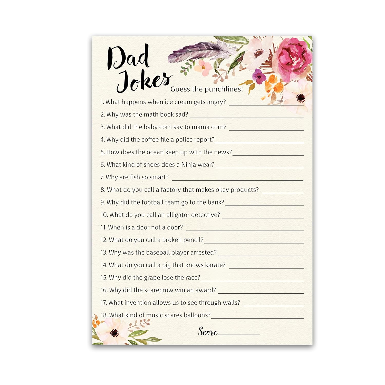 Boho Dad Jokes Baby Shower Games, Daddy Jokes Shower Trivia Games — Pack Of 25 — Fun Dad Joke Game, Girl Bohemian Pink Floral Funny Joke Trivia, Rustic Sprinkle Gender Reveal Party, Birthday G400-Djk