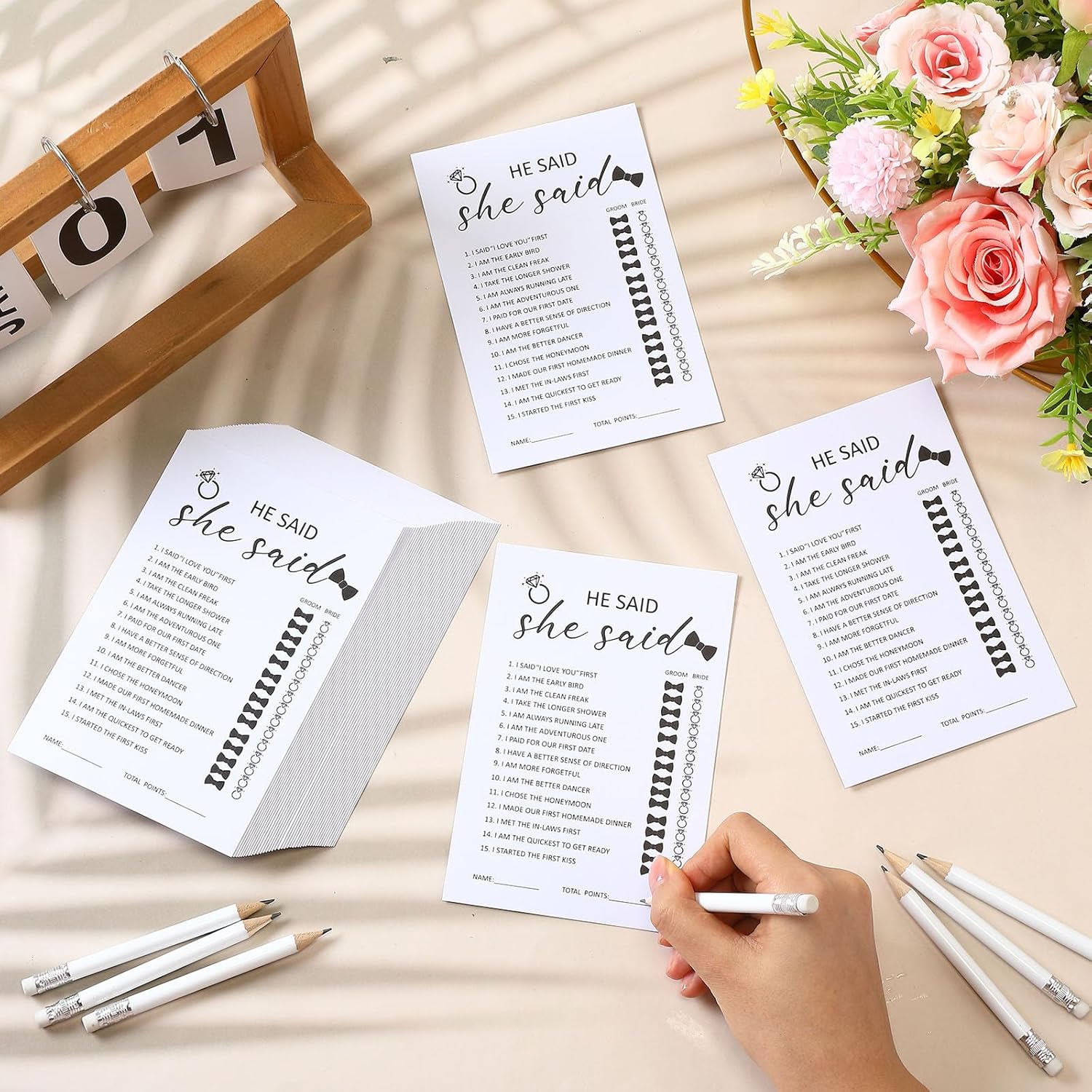 50 Pack He Said She Said Bridal Shower Game For 50 Guests, Include 50 Pcs Wedding Game Cards And 50 Pcs Pencils With Erasers For Wedding Shower Party Supplies (White)