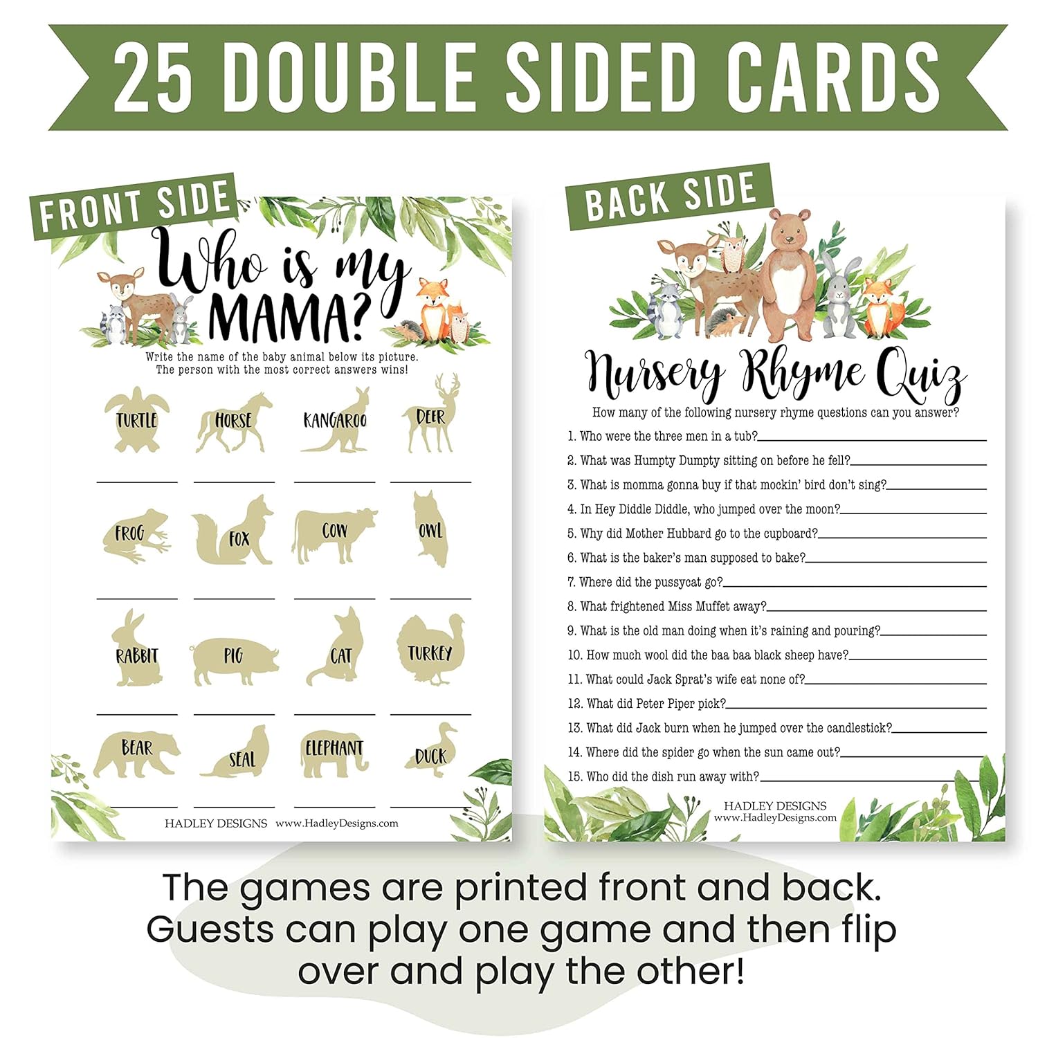 Baby Shower Games For 25 Guests - Woodland Baby Shower Trivia Game, Nursery Rhyme Quiz & Who Is My Mama, Animal Matching Game, Babyshower Games Boy Girl Gender Neutral, Made In Usa