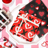12 Sheet Valentine’S Day Wrapping Paper Love Heart Xoxo Gift Wrap Paper Folded Flat Red Black Diy Craft Art Paper For Birthday Wedding Party Supplies, 19.7 X 27.6 Inch