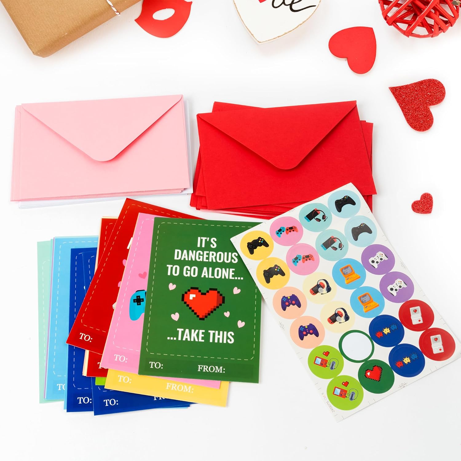 144Pcs Valentines Day Cards For Kids Includes 48 Video Game Theme Greeting Cards 48 Red Pink White Envelopes 48 Cute Stickers For School Classroom Exchange Gifts For Girls Boys Party Favor