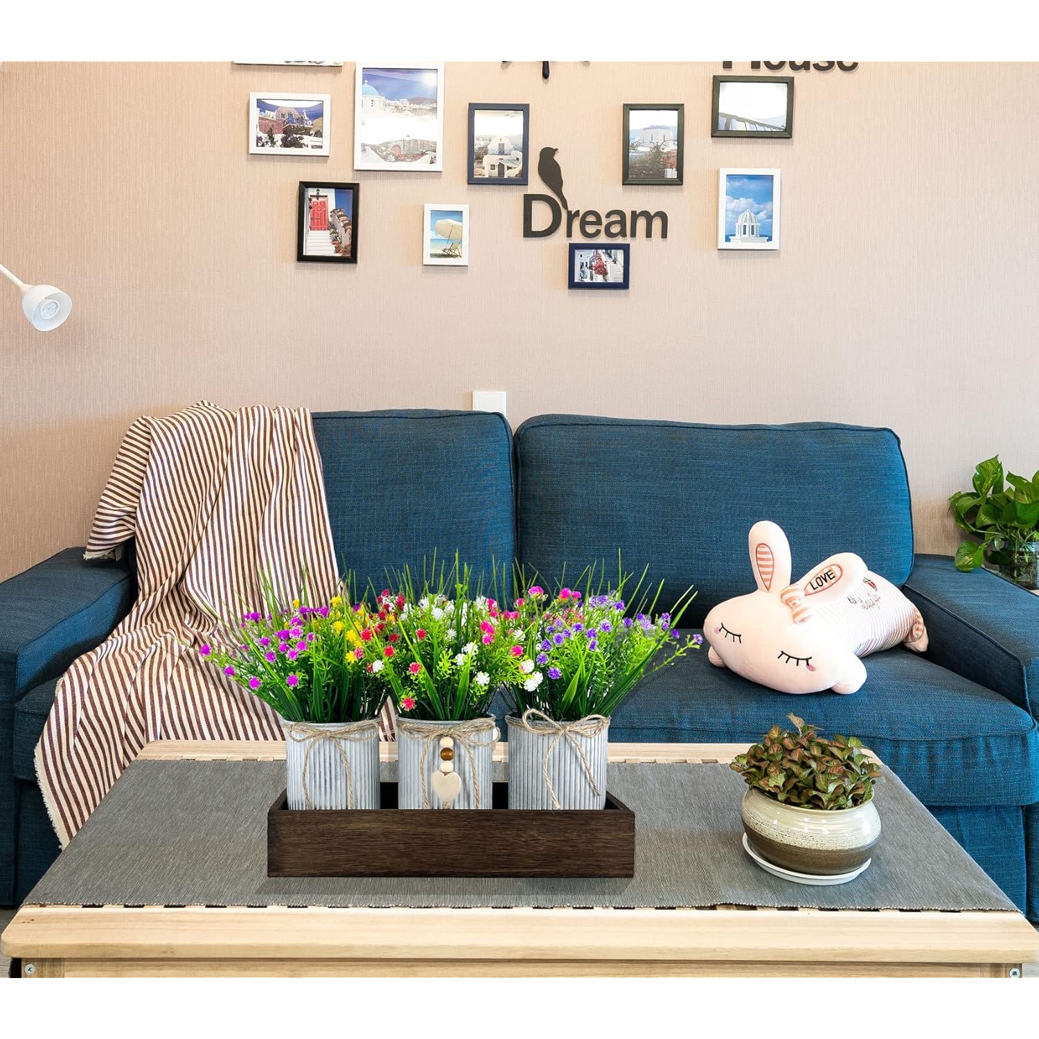 Decorative Centerpiece Wooden Tray With 3 Metal Potted Artificial Babys Breath Gypsophila Plant Flowers Rustic Country Farmhouse Décor For Dining Room, Living Room And Kitchen Table