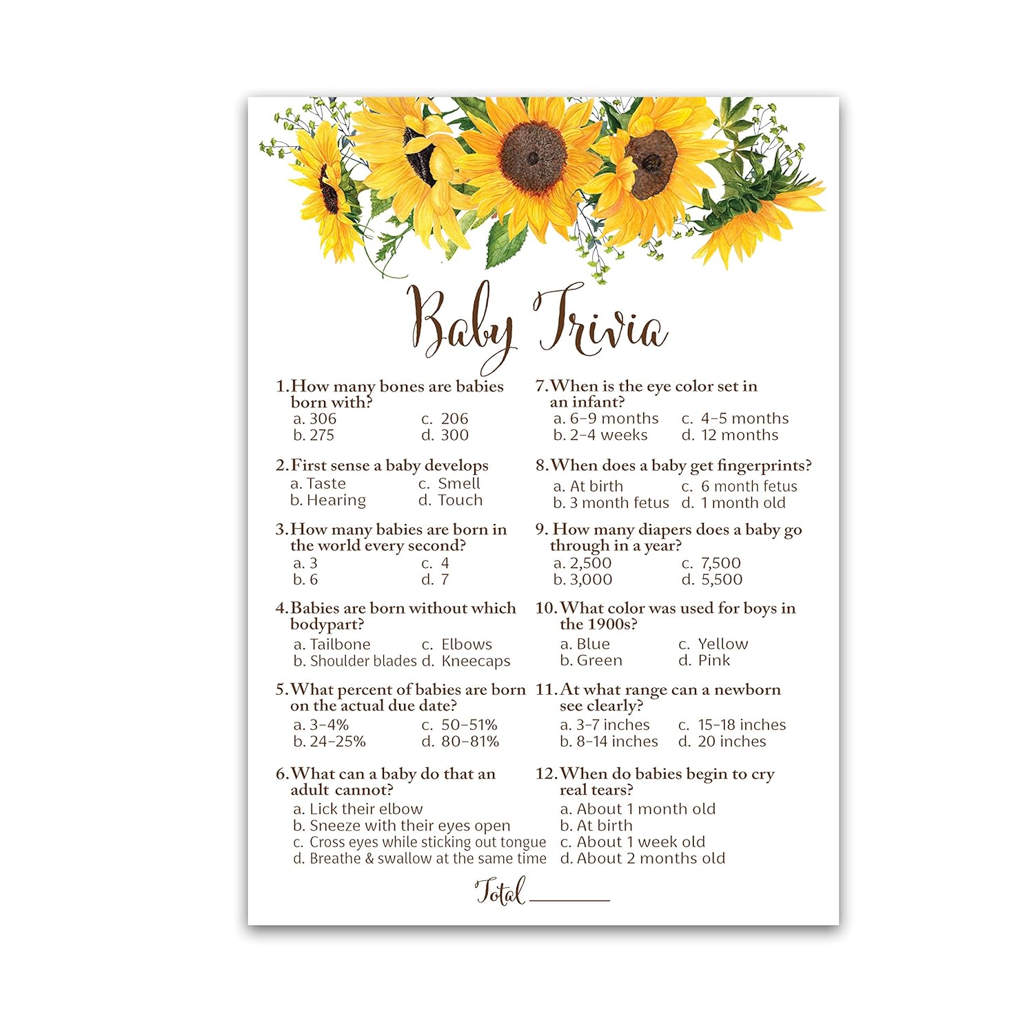 Sunflower Baby Shower Trivia Game – Pack Of 25 Cards – Gender Neutral Yellow Rustic Summer Fall Baby Shower Games, Autumn Or Halloween Baby Party Game, Fun Baby Shower Activity G335-Trv