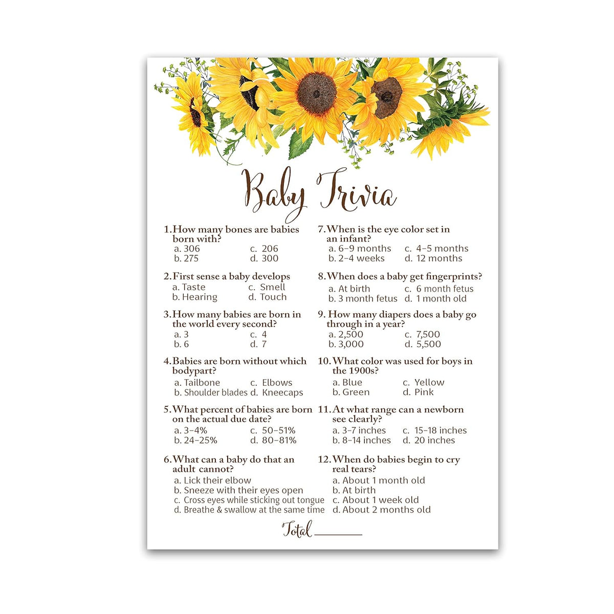 Sunflower Baby Shower Trivia Game – Pack Of 25 Cards – Gender Neutral Yellow Rustic Summer Fall Baby Shower Games, Autumn Or Halloween Baby Party Game, Fun Baby Shower Activity G335-Trv