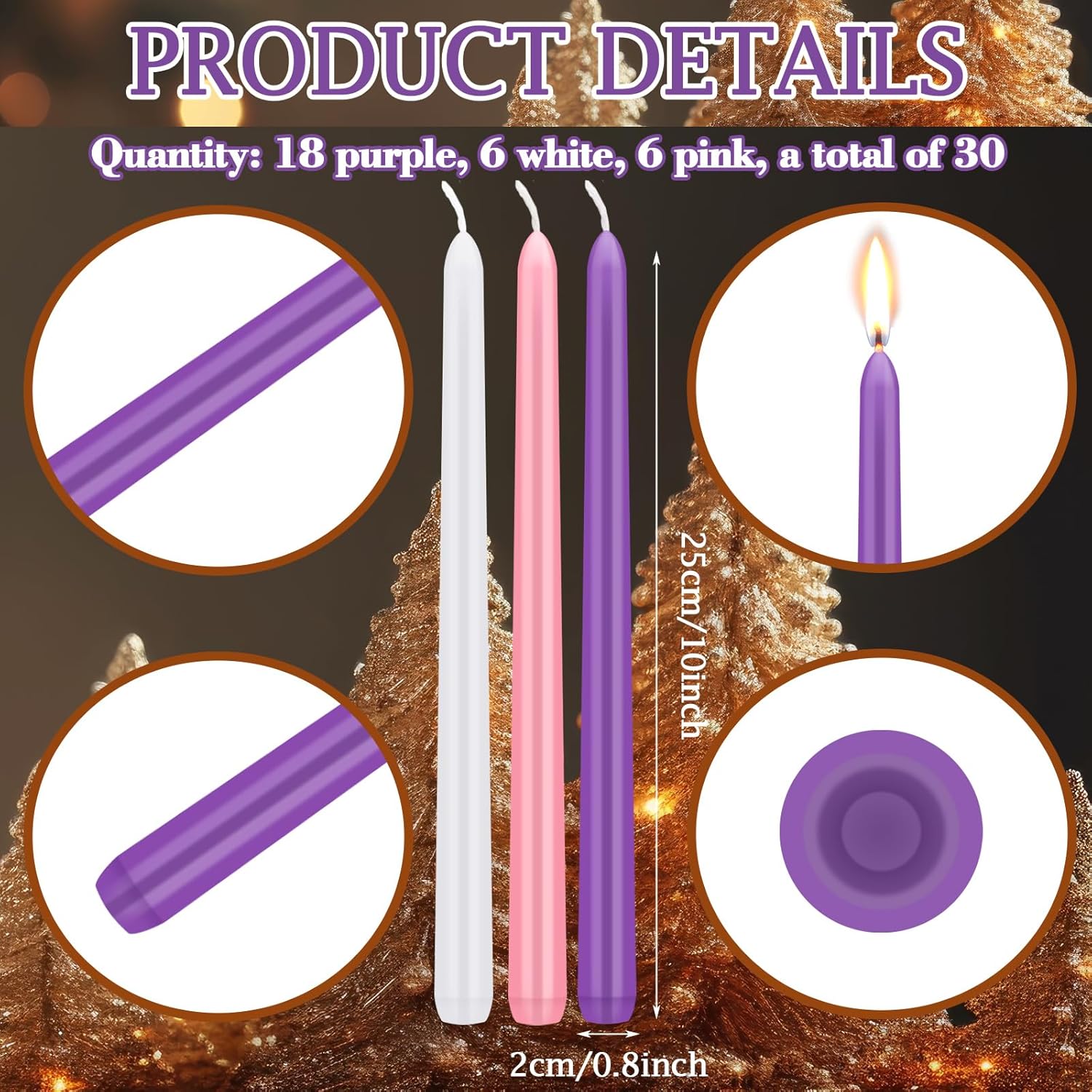 30 Pcs Christmas Advent Candles Taper Candle Light Christmas Advent Wreath Candle Holder Purple Pink White Candles For Christmas Holidays Churches Celebration Party Home Decor