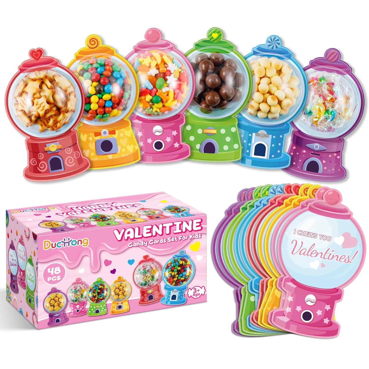 Valentines Day Cards For Kids Classroom, 48 Pack Valentines Candy Cards With Craft Treat Holder, Diy Kids Valentine'S Day Exchange Gifts For Boys Girls Toddler School Rewards Party Supplies