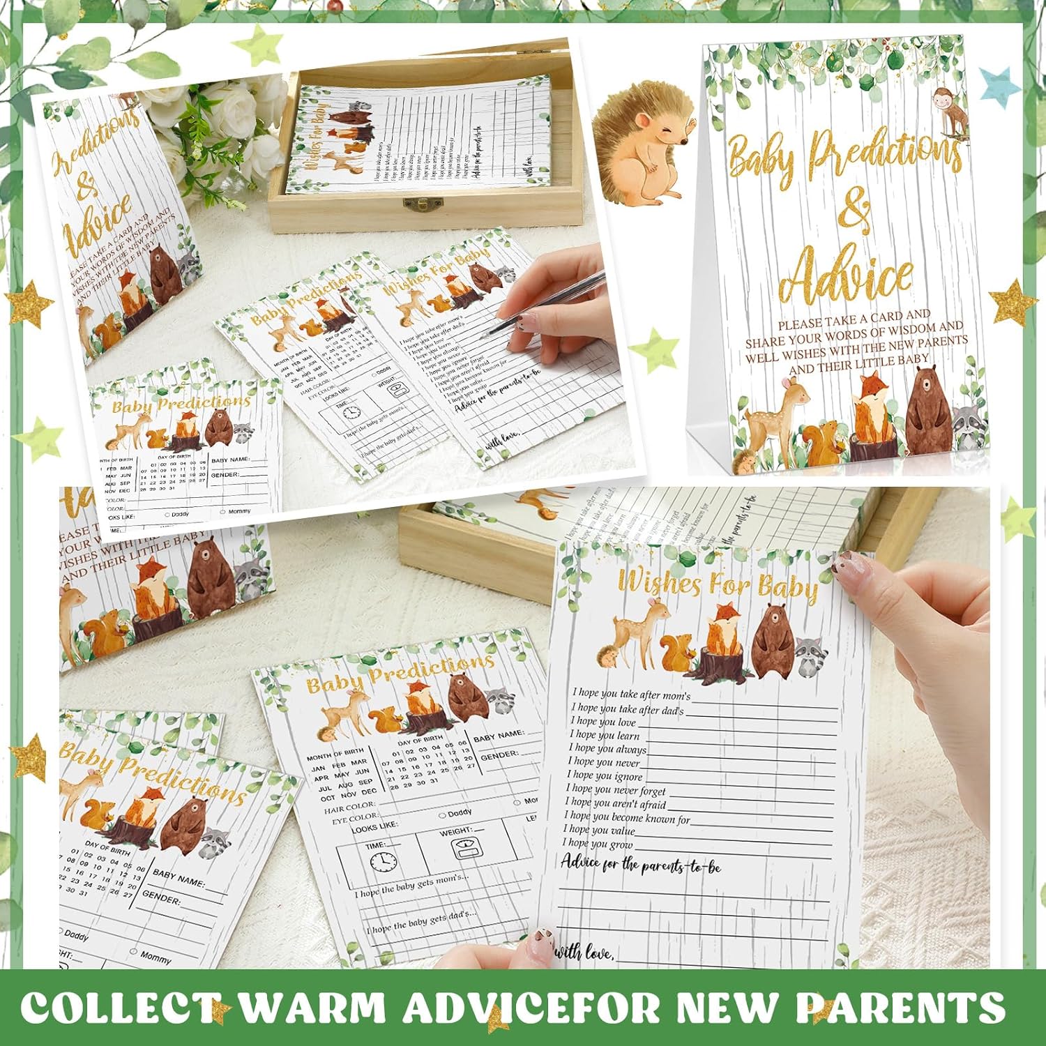62 Pcs Baby Prediction Cards For Game Advice And Wishes Clothes Shaped Advice Cards Parents To Be Gender Neutral Baby Shower Games Fun Guessing Activities Box(Woodland)