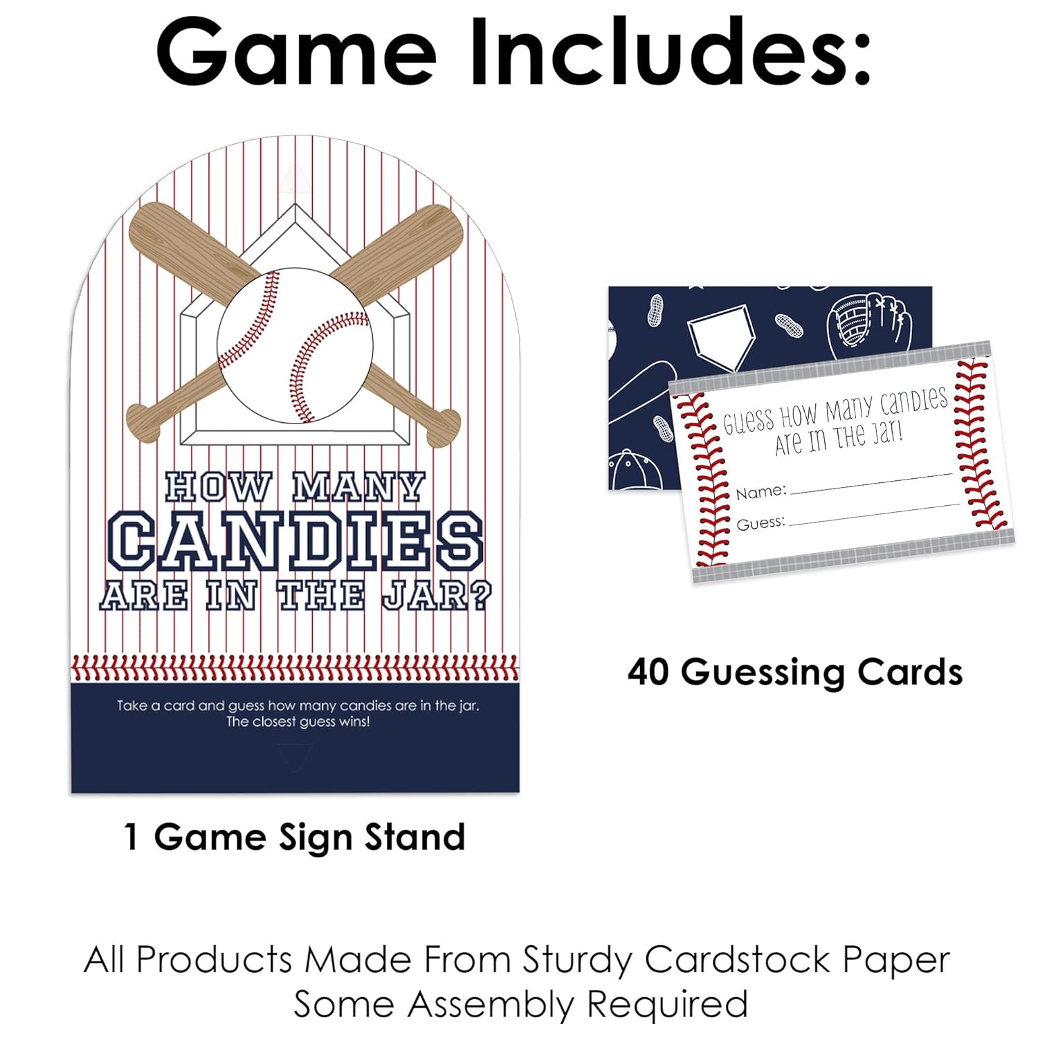Big Dot of Happiness Batter Up - Baseball - How Many Candies Baby Shower or Birthday Party Game - 1 Stand and 40 Cards - Candy Guessing Game
