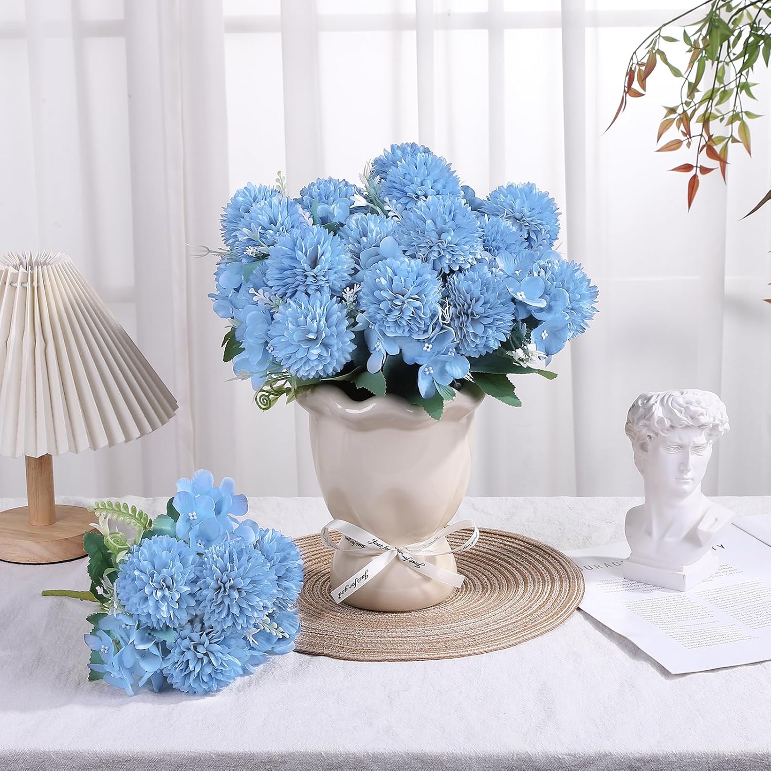 8 Pack Blue Artificial Hydrangea Chrysanthemum Ball Fake Silk Bouquet Outdoor Bridal Wedding Photo Props Home Decoration