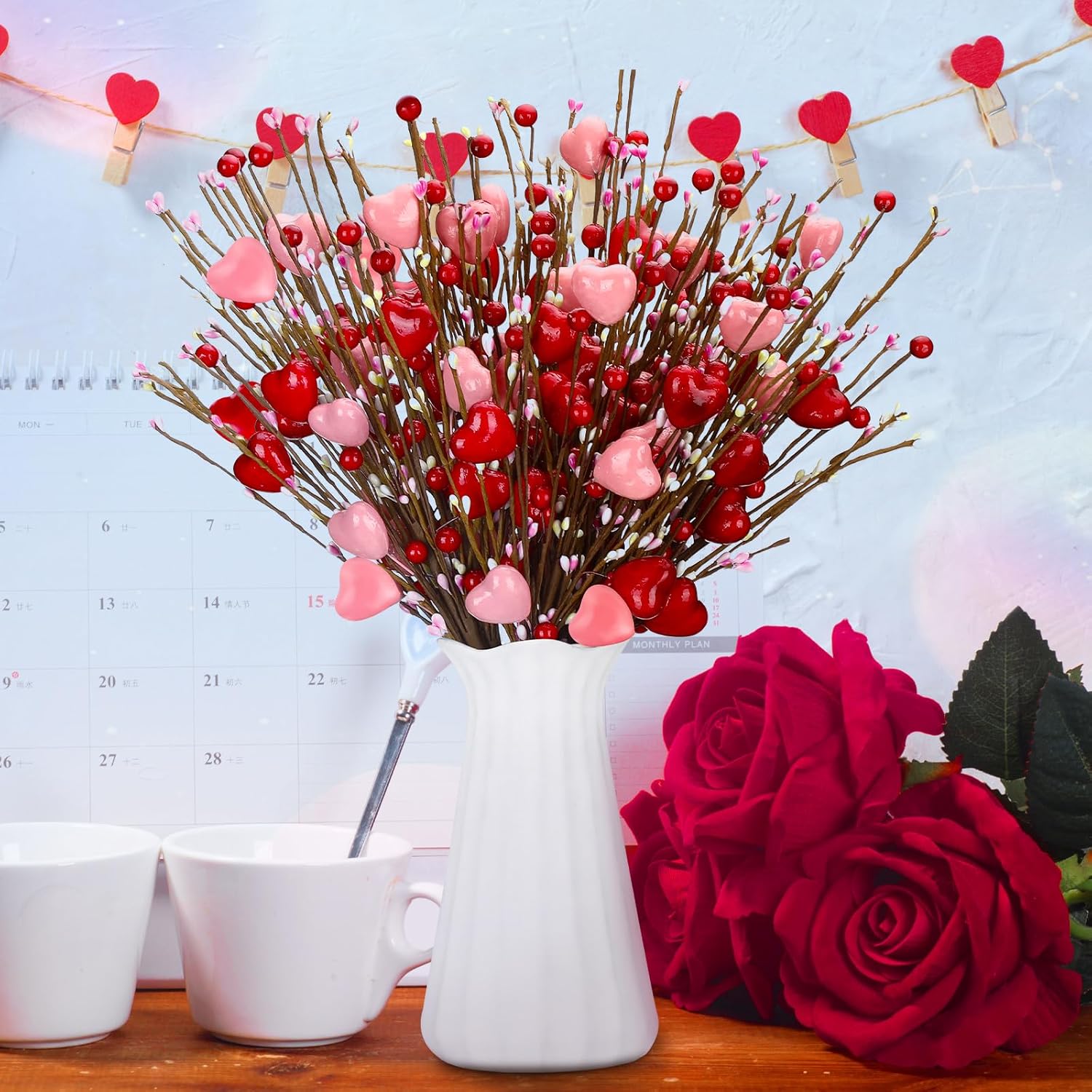 12 Pcs Valentine'S Day Artificial Flower Stems Valentines Red Berry Heart Floral Picks Spray Branches For Flower Arrangements Vase Filler For Mother'S Day Wedding Gifts Home(Red, Pink)