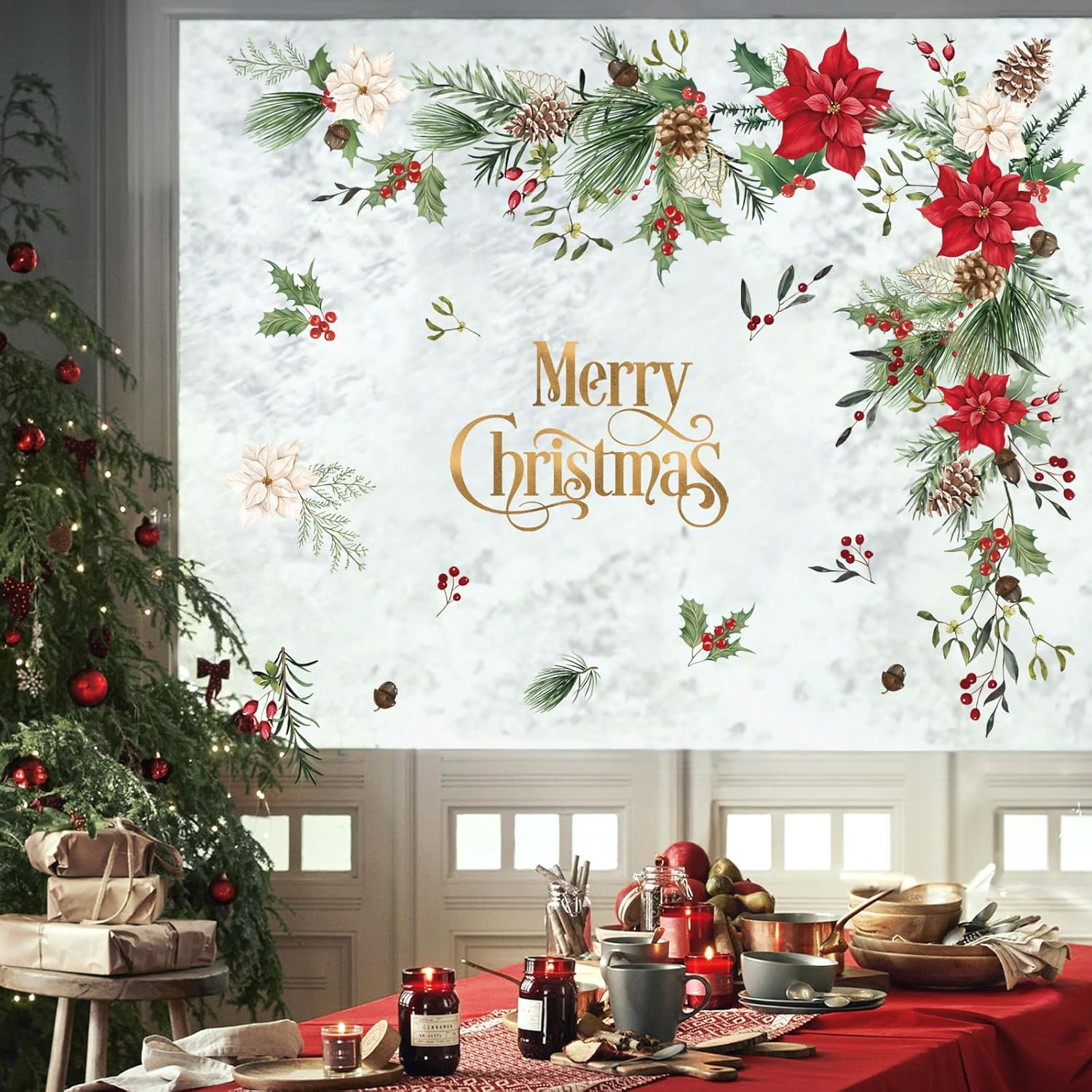 Christmas Flower Wall Stickers - Leaves And Floral Window Wall Art Decals For Xmas Party, Living Room