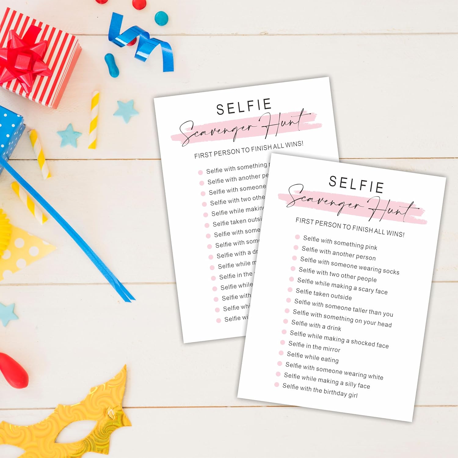 Minimalism Birthday Party Game Cards - Selfie Scavenger Hunt - 20 Blush Double-Sided Fill In Style Funny Birthday Party Game Cards For Adults, Party Supplies & Activities - A02