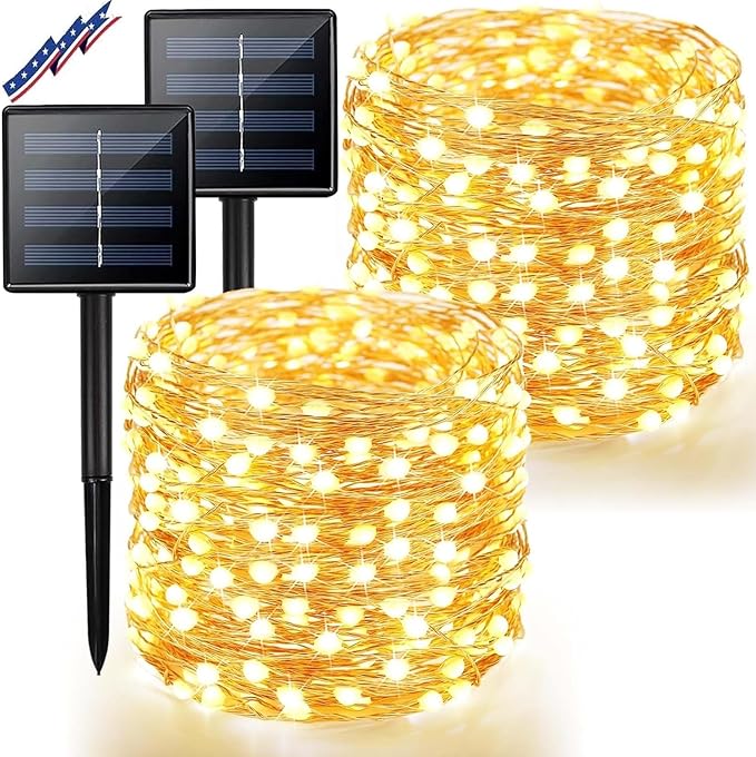 2 Pack Solar String Lights Outdoor 80FT 200 LED Warm White Copper Wire Fairy Lights Waterproof with 8 Modes for Garden Tree Patio Wedding Christmas Decor