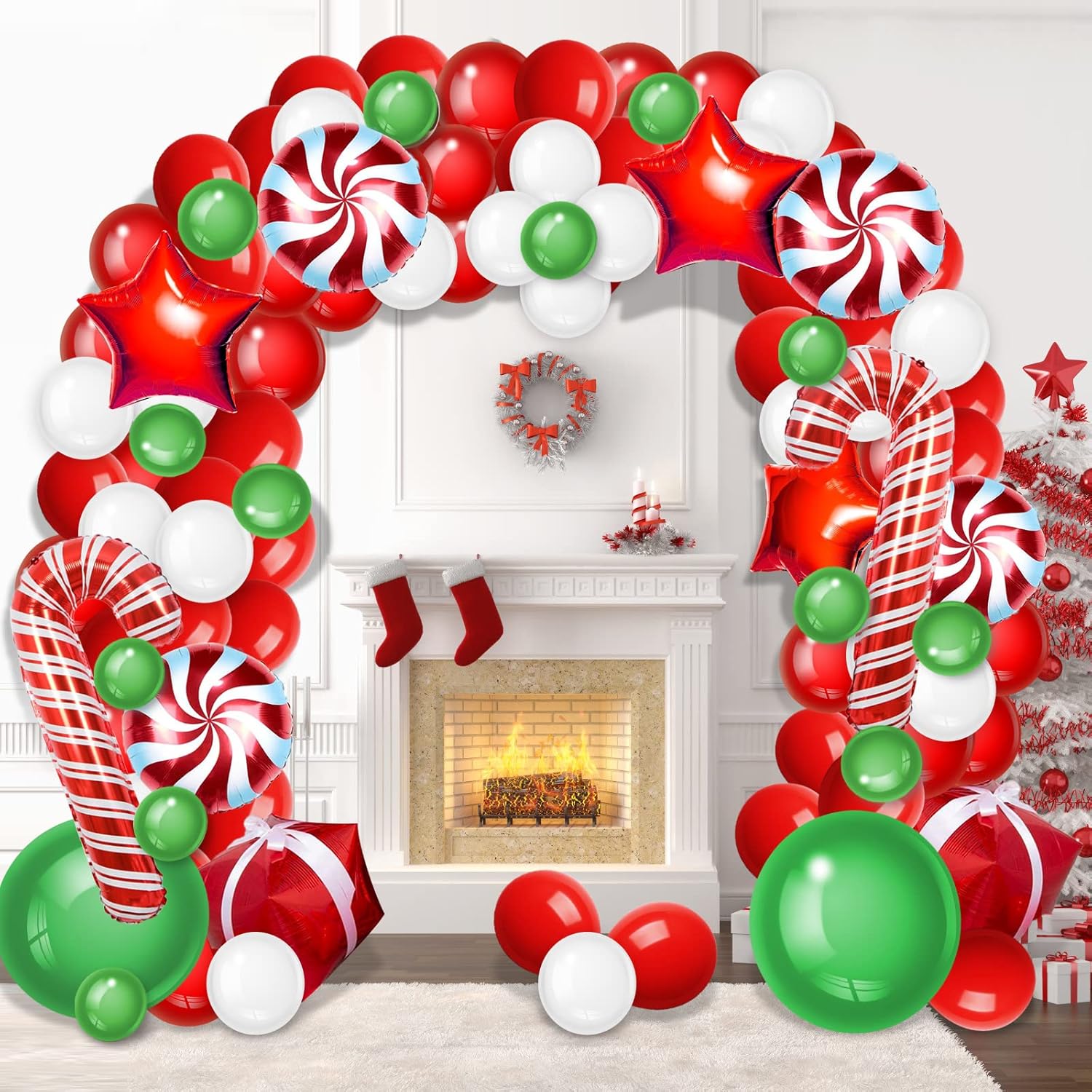 Christmas Balloon Garland Arch Kit With Xmas Green Red White Candy Balloons Gift Box Balloons Red Star Balloons For Christmas Party Decorations