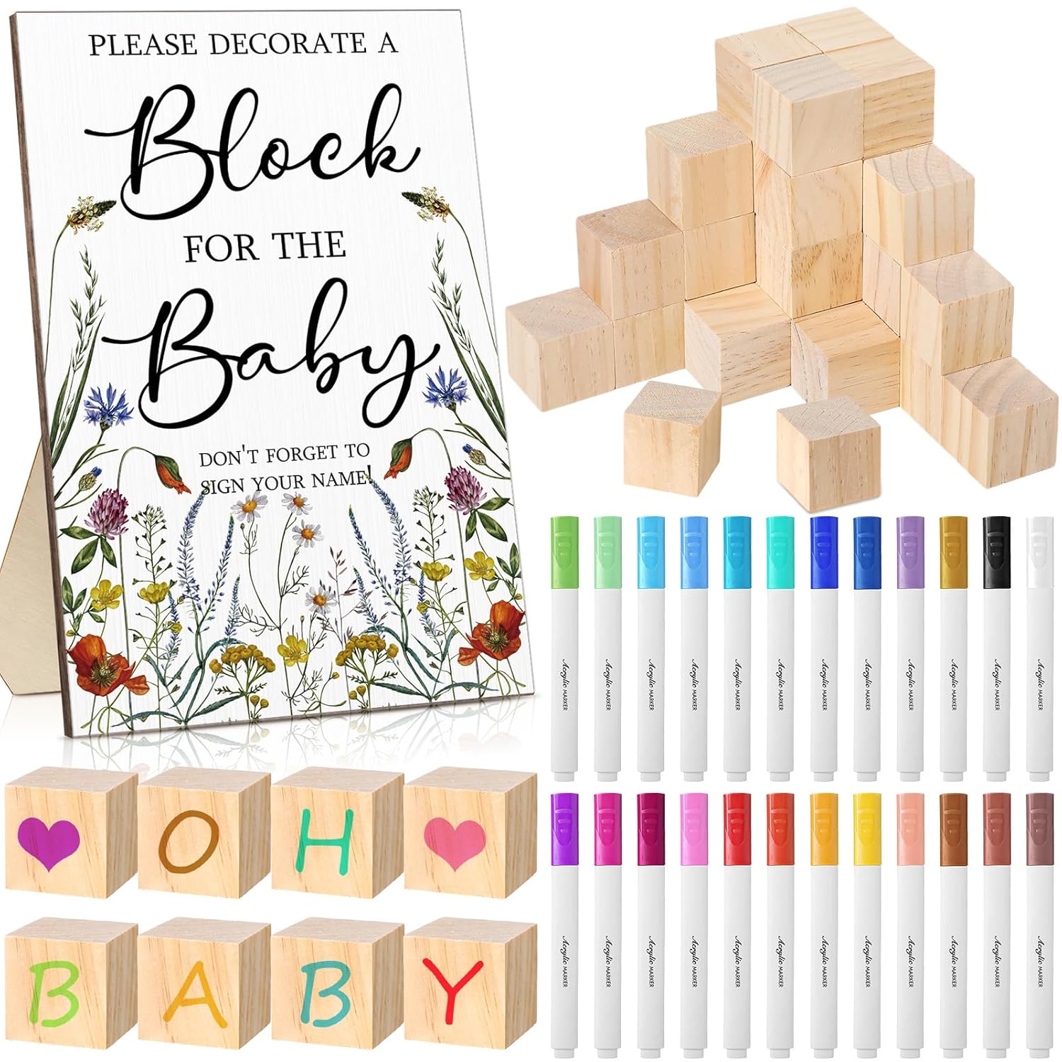 75 Pcs Baby Shower Games Sign Kit Including Decorate A Block Game Sign 50 Diy Blank Wooden Block 24 Acrylic Paint Marker Baby Shower Prize For Winners Gender Reveal (Classic,Flower)