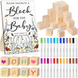 75 Pcs Baby Shower Games Sign Kit Including Decorate A Block Game Sign 50 Diy Blank Wooden Block 24 Acrylic Paint Marker Baby Shower Prize For Winners Gender Reveal (Classic,Flower)