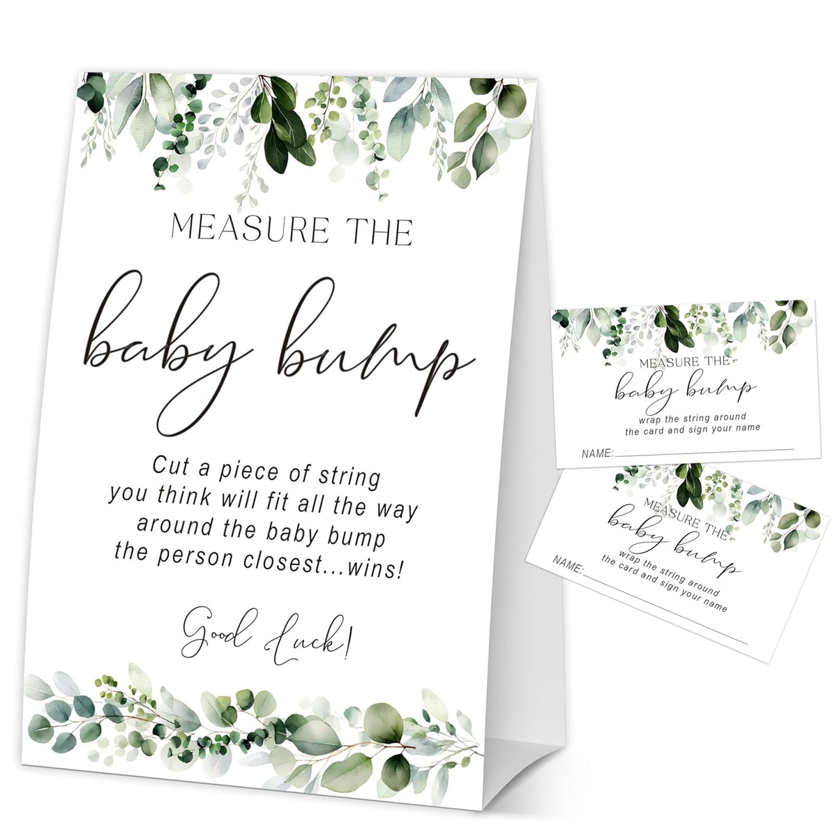 Baby In Bloom How Big Is Mommys Belly Game, Measure The Baby Bump Baby Shower Game, Greenery Baby Shower Party Decorations & Supplies, 1 Sign & 50 Guess Cards-A12