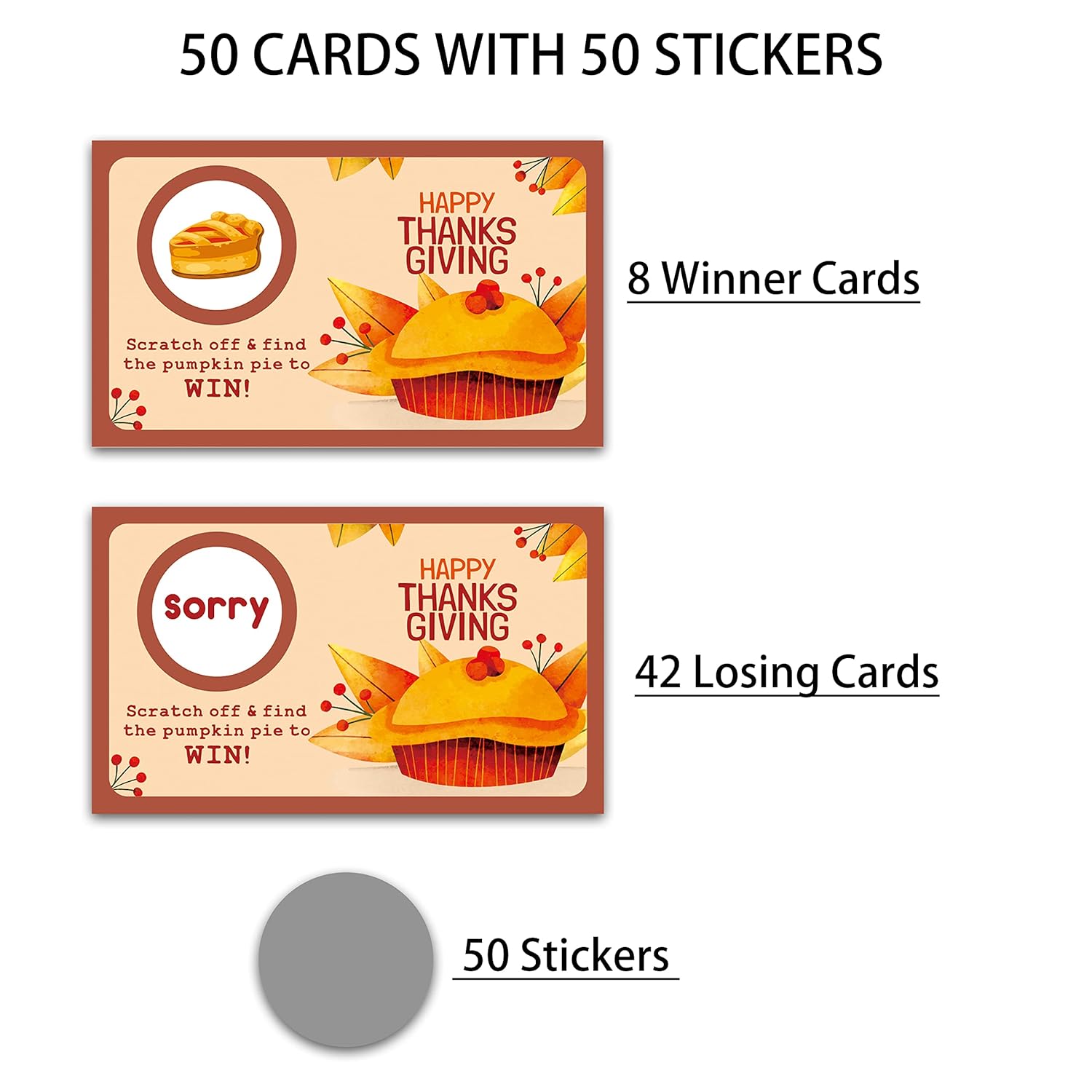 Happy Thanksgiving Scratch Off Game Cards, Pumpkin Lottery Raffle Tickets, Fall Festival Party Activities & Decorations, Autumn Harvest Games Ideas (50 Pack)-02