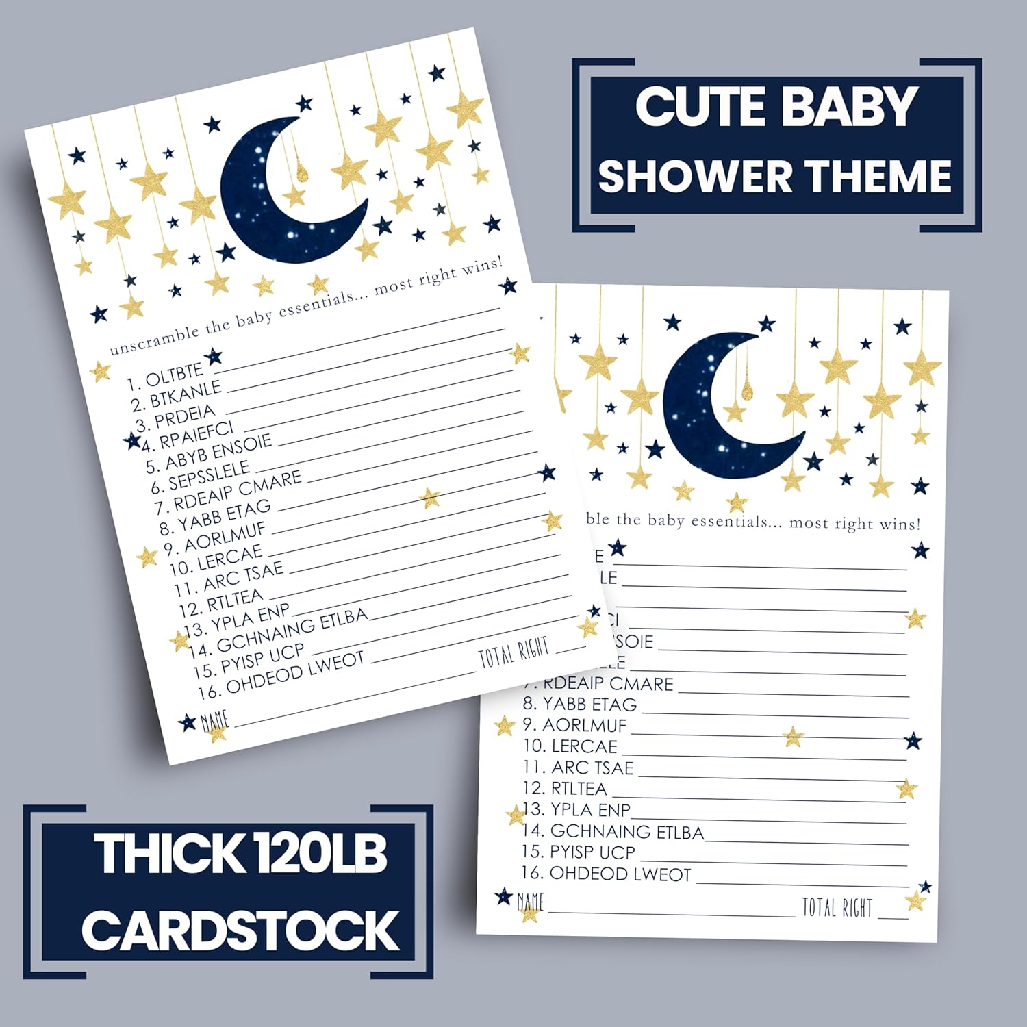 Twinkle Little Star Baby Shower Games For Boys - Word Scramble - Gender Neutral Activities For Guests - Celestial Theme In Blue And Gold - 25 Cards, 5X7