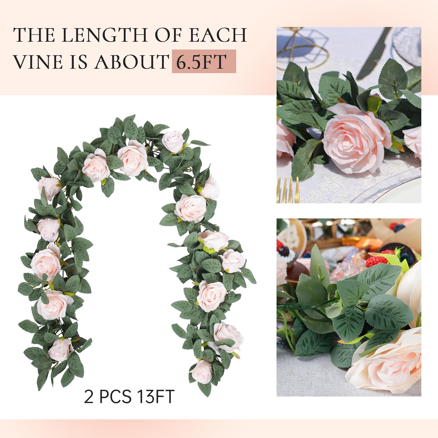 2 Pcs 13Ft Artificial Eucalyptus Flower Garland With Fake Silk Rose Flower Vine Rose Leaves Greenery Garland For Wedding Arch Table Wall Backdrop Party Room Decor (Pink)