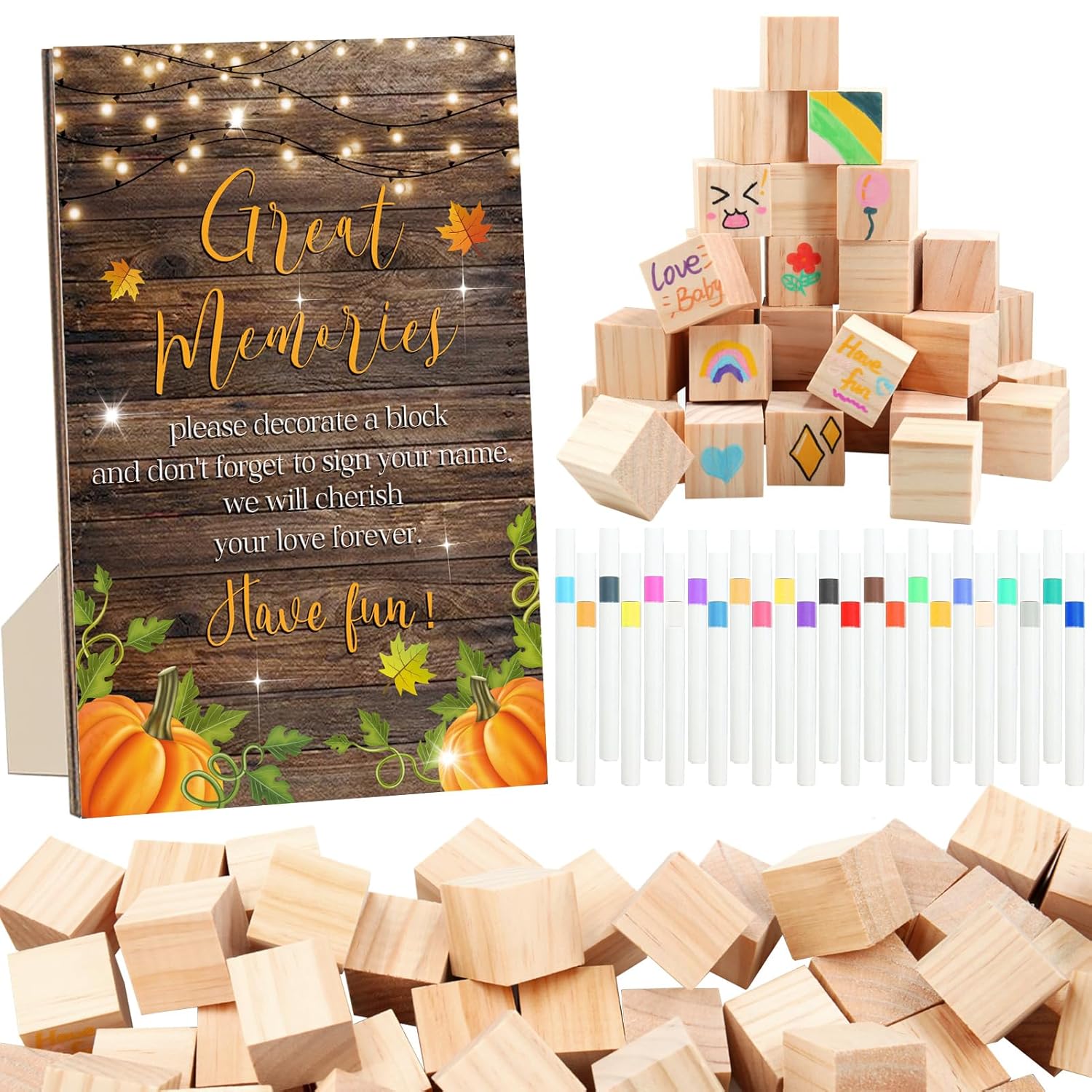97 Pcs Pumpkin Baby Shower Games Sign Kit,Including Decorate A Block Game Sign 72 Diy Blank Wooden Blocks 24 Painting Pen To Draw Your Idea For Fall Baby Shower Game Thanksgiving Gender Reveal Party