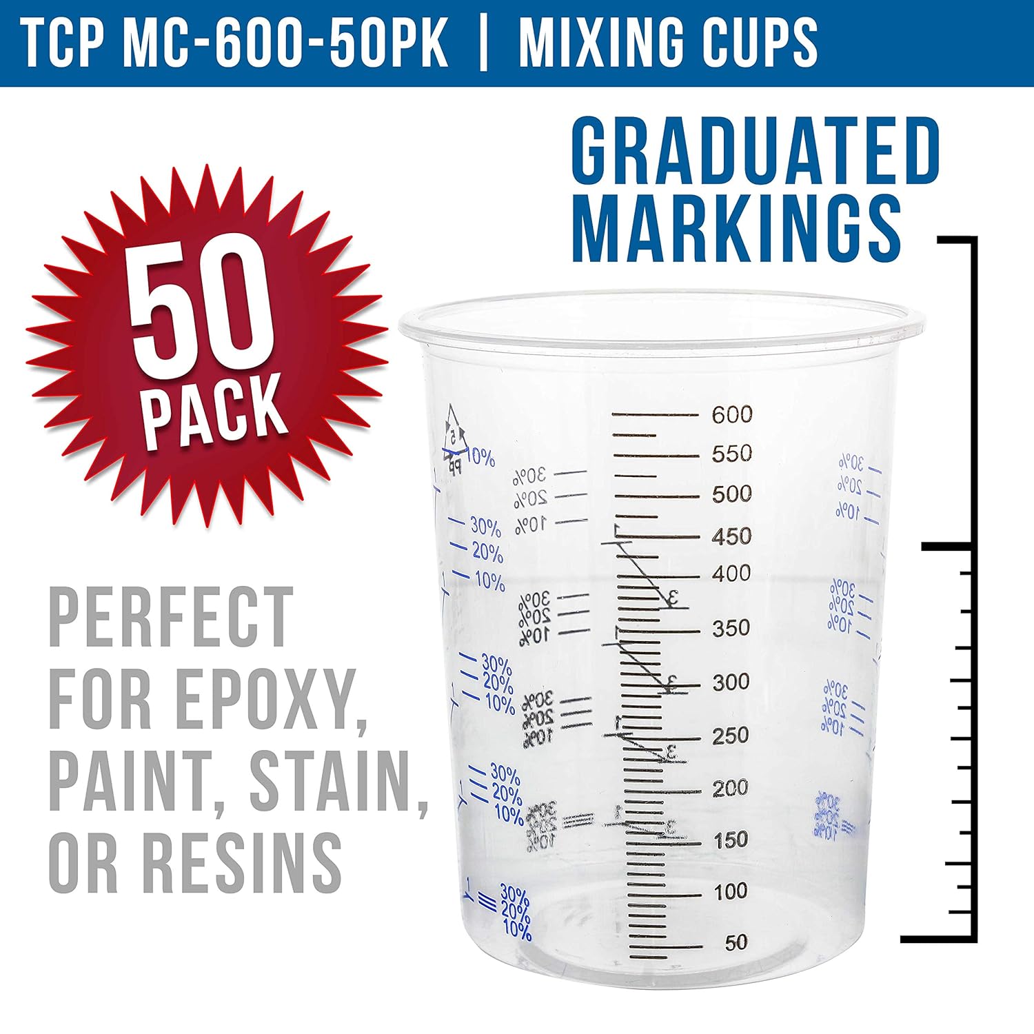 TCP Global 20 Ounce (600ml) Disposable Flexible Clear Graduated Plastic Mixing Cups - Box of 50 Cups - Use for Paint, Resin, Epoxy, Art, Kitchen, Cooking, Baking - Measuring Ratios 2-1, 3-1, 4-1, ML
