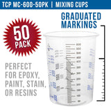 TCP Global 20 Ounce (600ml) Disposable Flexible Clear Graduated Plastic Mixing Cups - Box of 50 Cups - Use for Paint, Resin, Epoxy, Art, Kitchen, Cooking, Baking - Measuring Ratios 2-1, 3-1, 4-1, ML