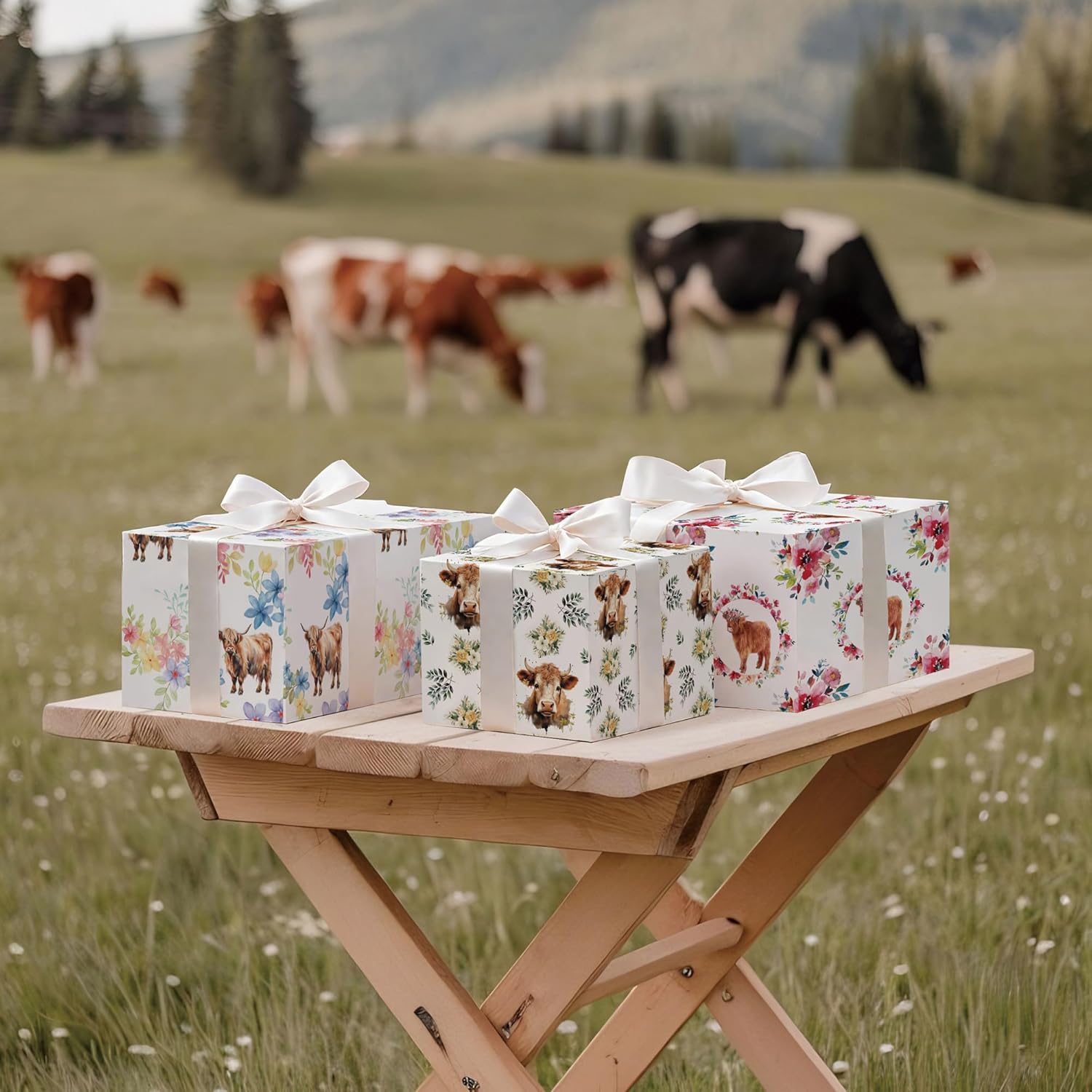 Highland Cow Floral Wrapping Paper - 4 Jumbo Sheets, 28 * 40 Inches - Cute Highland Cattle Pink Flower Wreaths Gift Wrap, Perfect For Birthday Baby Shower Wedding Bridal Shower Christmas