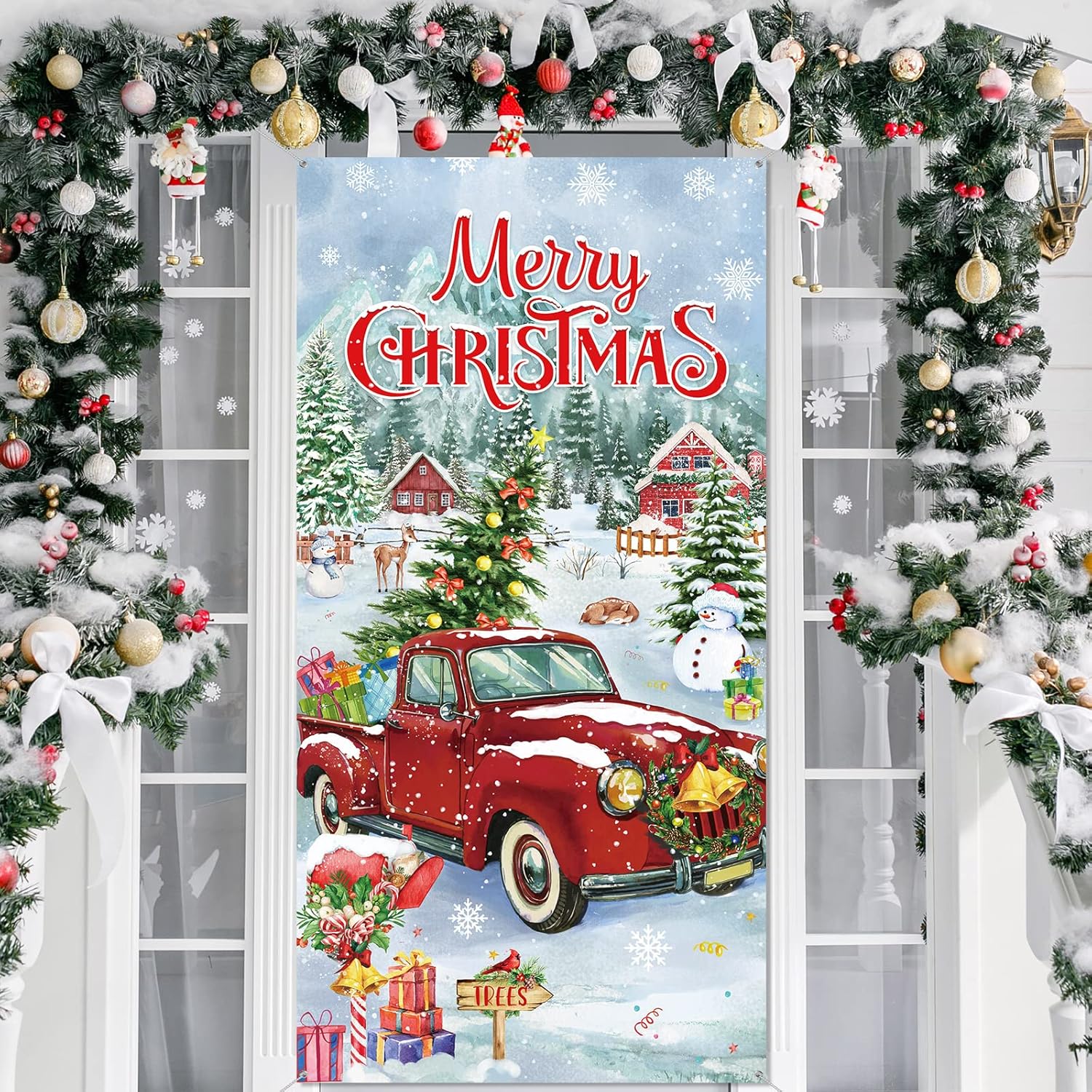 Christmas Door Covers Red Truck Xmas Cover For Door Christmas Truck Front Door Cover For Merry Christmas New Year Photography Background Party Decoration, 70.9 X 35.4 Inches