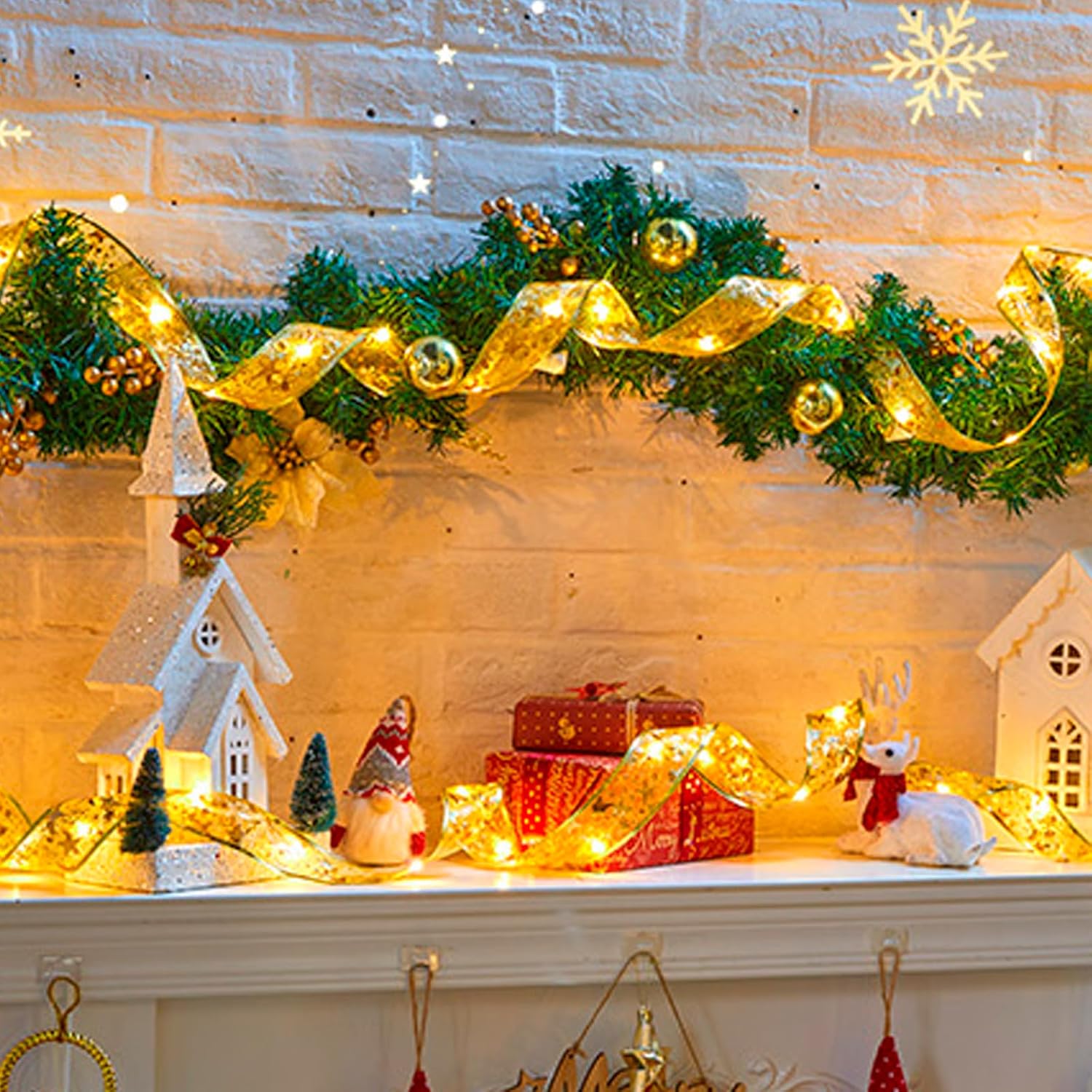 Gold Warm Ribbon Lights 32Ft 100 Led Christmas Tree Decorations Battery Powered String Lights Copper Wire Ribbon Bows Li