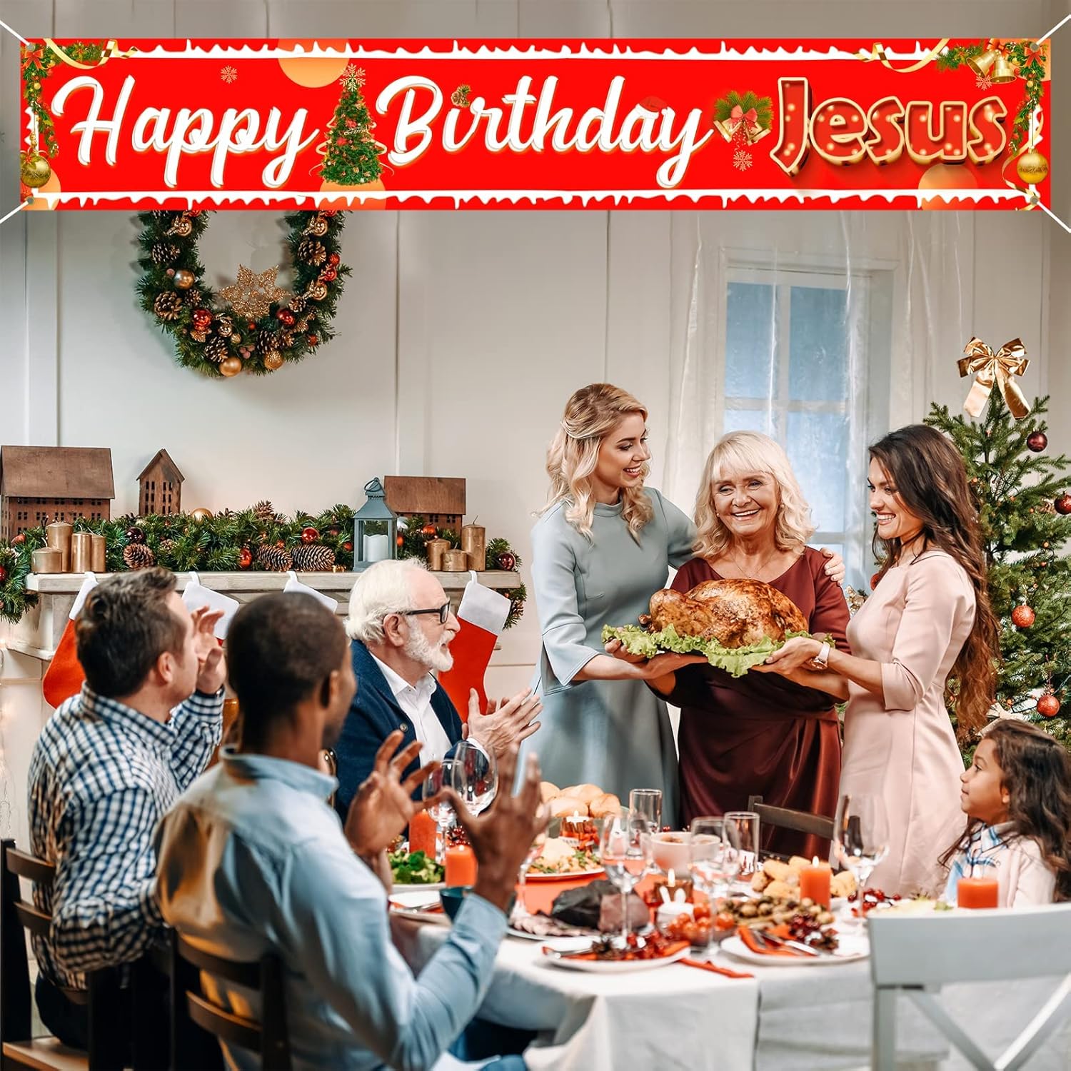 Happy Birthday Jesus Banner - Large Outdoor Christmas Decorations Jesus Bday Yard Sign, 9.8X1.6 Ft