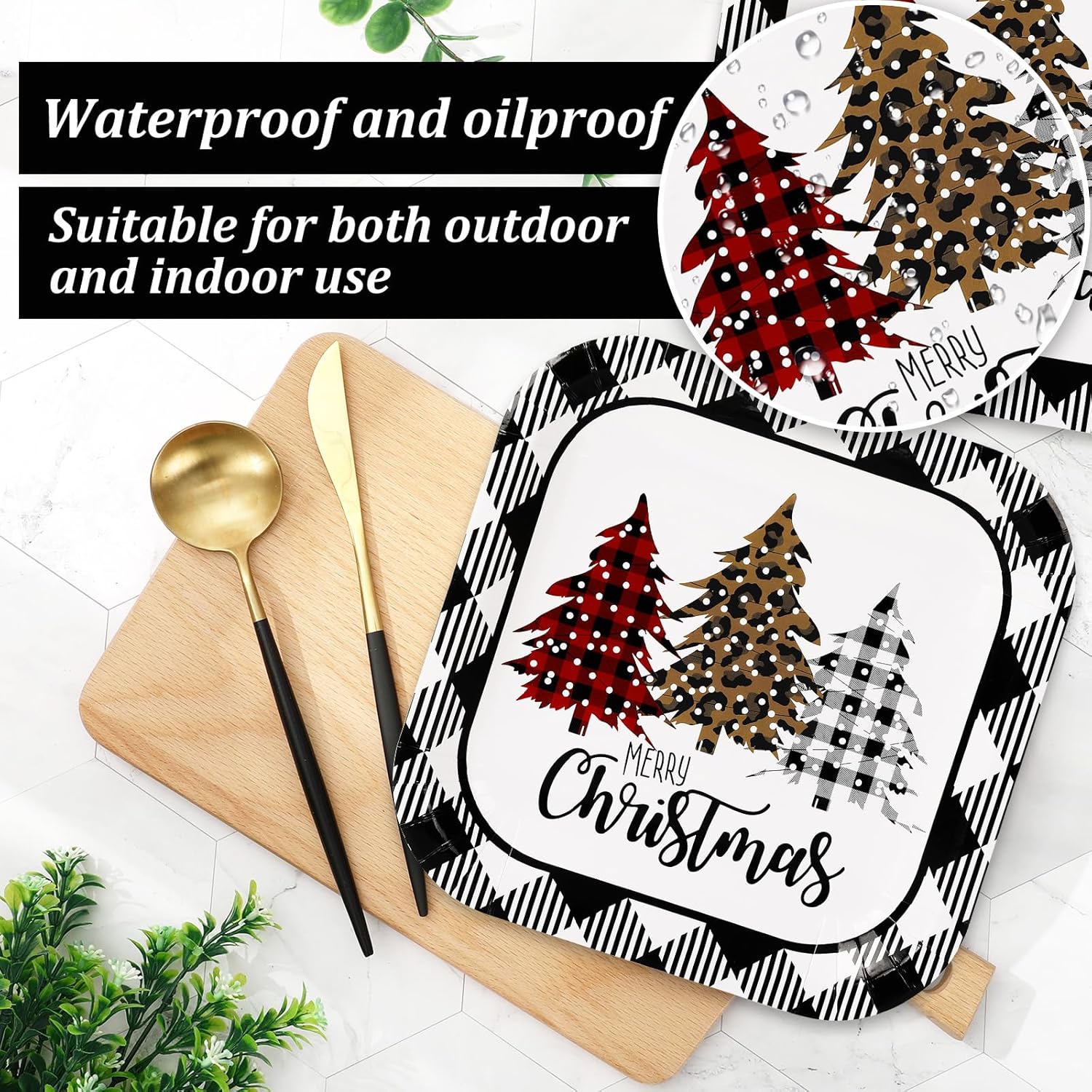 40Pcs Merry Christmas Paper Plate Square Plaid Xmas Tree Disposable Plate White Black Checkered Dinnerware Plate 9 Inch For Winter Party Supplies Table Decor