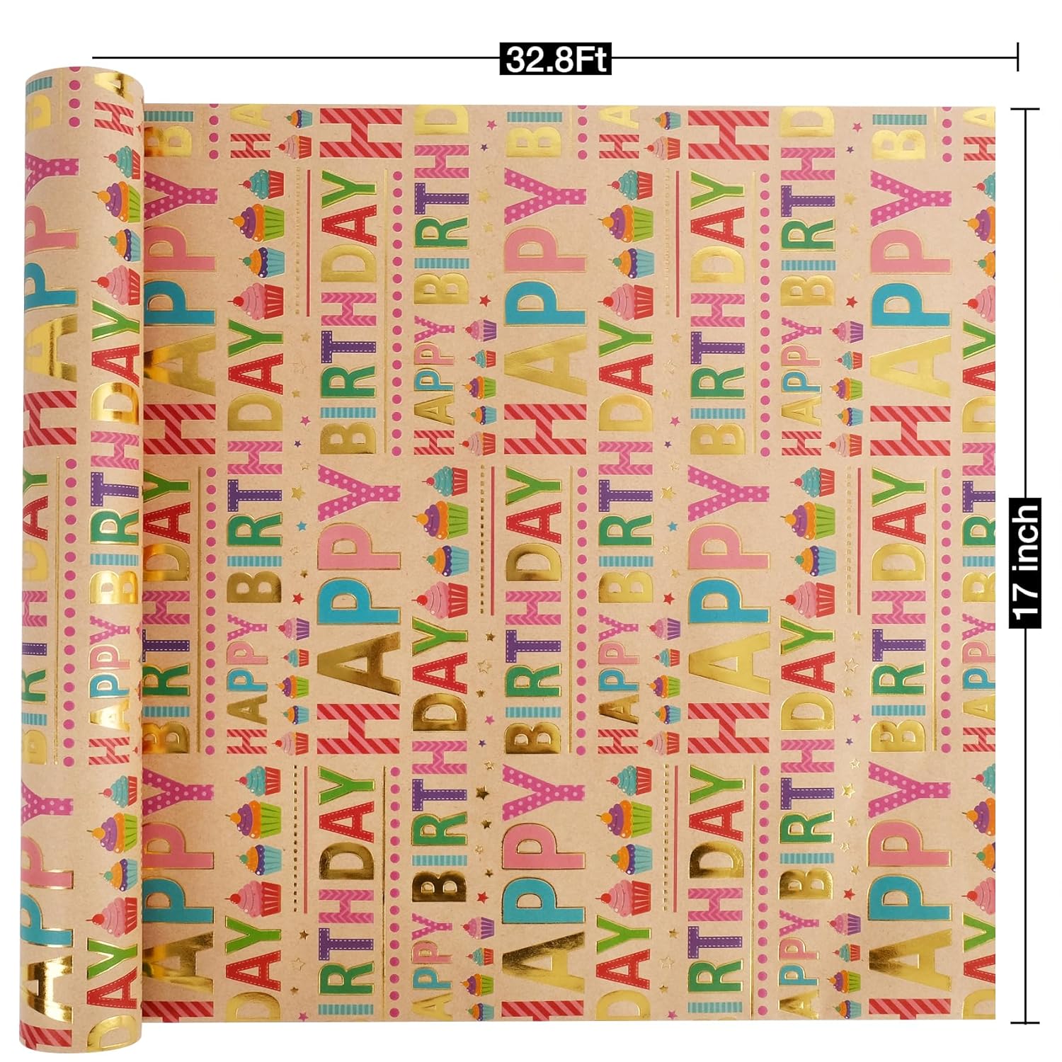 Colorful Birthday Wrapping Paper Roll - 17 Inch X 32.8 Feet - Gold Foil Happy Birthday Lettering & Cupcake Design Gift Wrap For Kids, Baby Showers