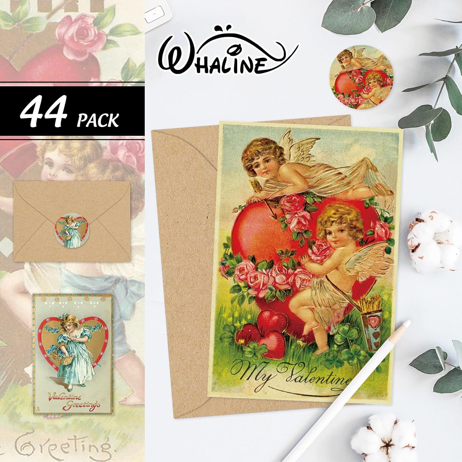 44 Packs Vintage Valentine'S Day Greeting Cards Retro Cupid Rose Heart Blank Note Cards With Envelopes And Stickers For Wedding Anniversary Birthday, 11 Designs, 4 X 6 Inch