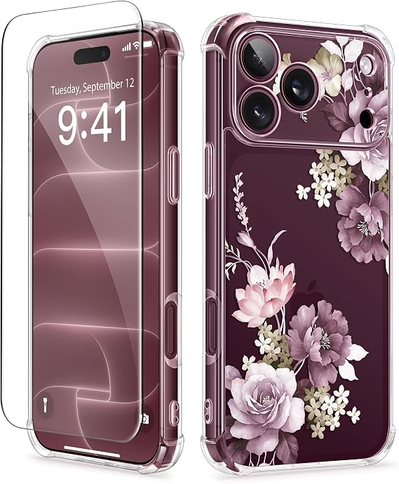 Floral Clear Slim Case for iPhone 18 Pro and iPhone 17 Pro Protective Women Phone Cover