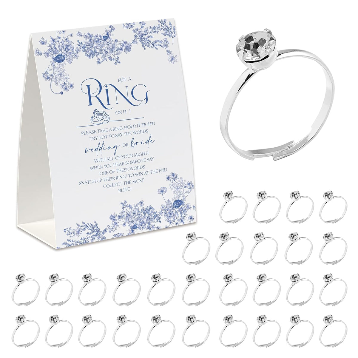 Put A Ring On It Game (50 Rings With One Sign), Don'T Say Wedding Or Bride, Fun Bridal Shower Game, Blue Floral