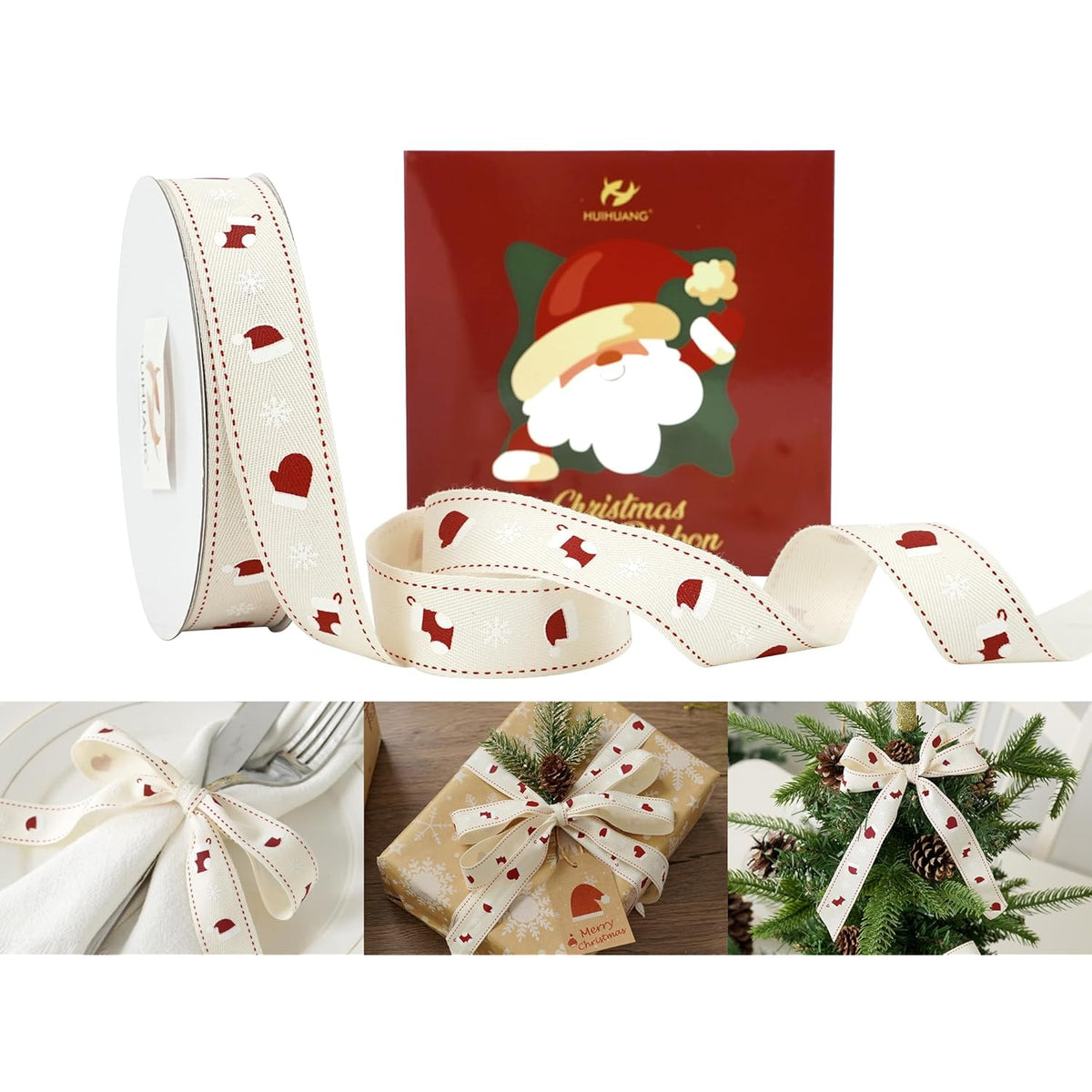 Rustic White Christmas Ribbon For Gift Wrapping 7/8" Wide X 25 Yards Twill Cotton Ribbon With Snowflake & Stocking Ribbons For Home Decor, Tree Ornaments, Wreaths, Diy Crafts