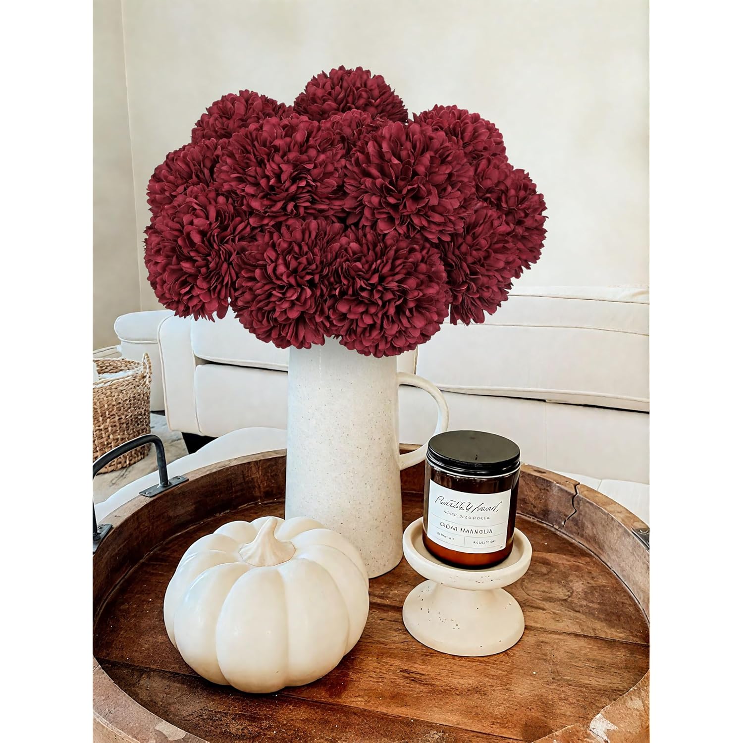 12 Pcs Artificial Burgundy Chrysanthemum Stems – 11” Tall Silk Mums Flower Heads With Green Leaves, Flexible Stems For Fall Floral Pick Arrangements, Home, Wedding & Seasonal Decorations