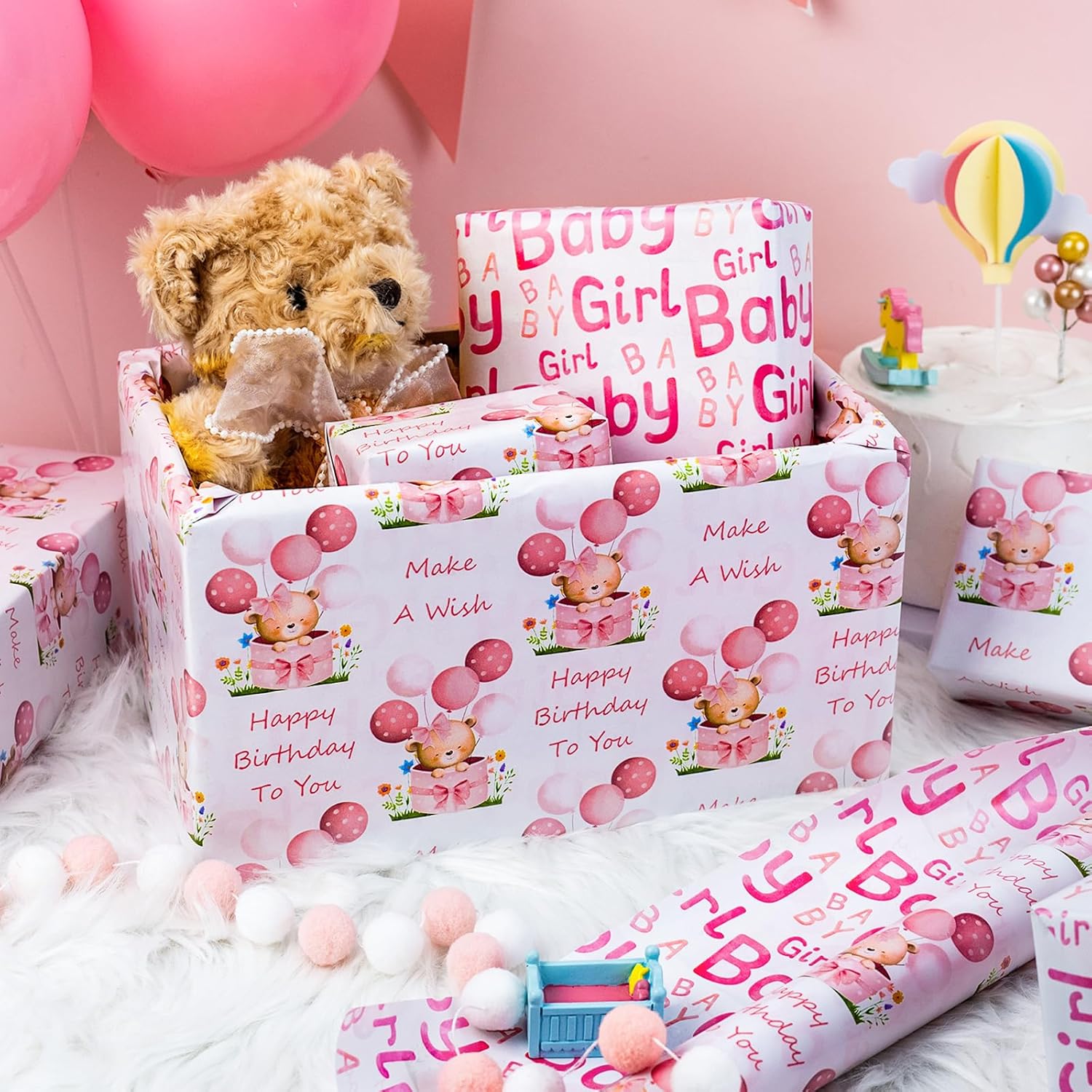 Pink Bear Baby Wrapping Paper Roll, Cute Baby Girl Gift Wrap Paper, Pastel Bear Balloon Theme Baby Shower Wrapping Paper For Girl 1St Birthday, Newbaby Celebrations (Mini Roll, 17 In X 33Ft)