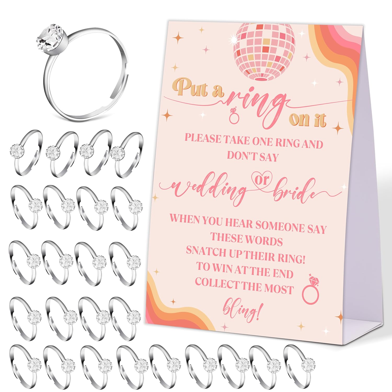 Disco Ball Don'T Say Bride Or Wedding Game, Put A Ring On It Bridal Shower Game With 50 Fake Rings, Boho Bridal Shower Decorations, Wedding Shower Or Bachelorette Party Supplies - 08