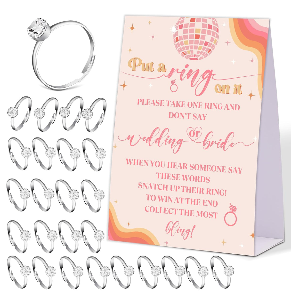 Disco Ball Don'T Say Bride Or Wedding Game, Put A Ring On It Bridal Shower Game With 50 Fake Rings, Boho Bridal Shower Decorations, Wedding Shower Or Bachelorette Party Supplies - 08