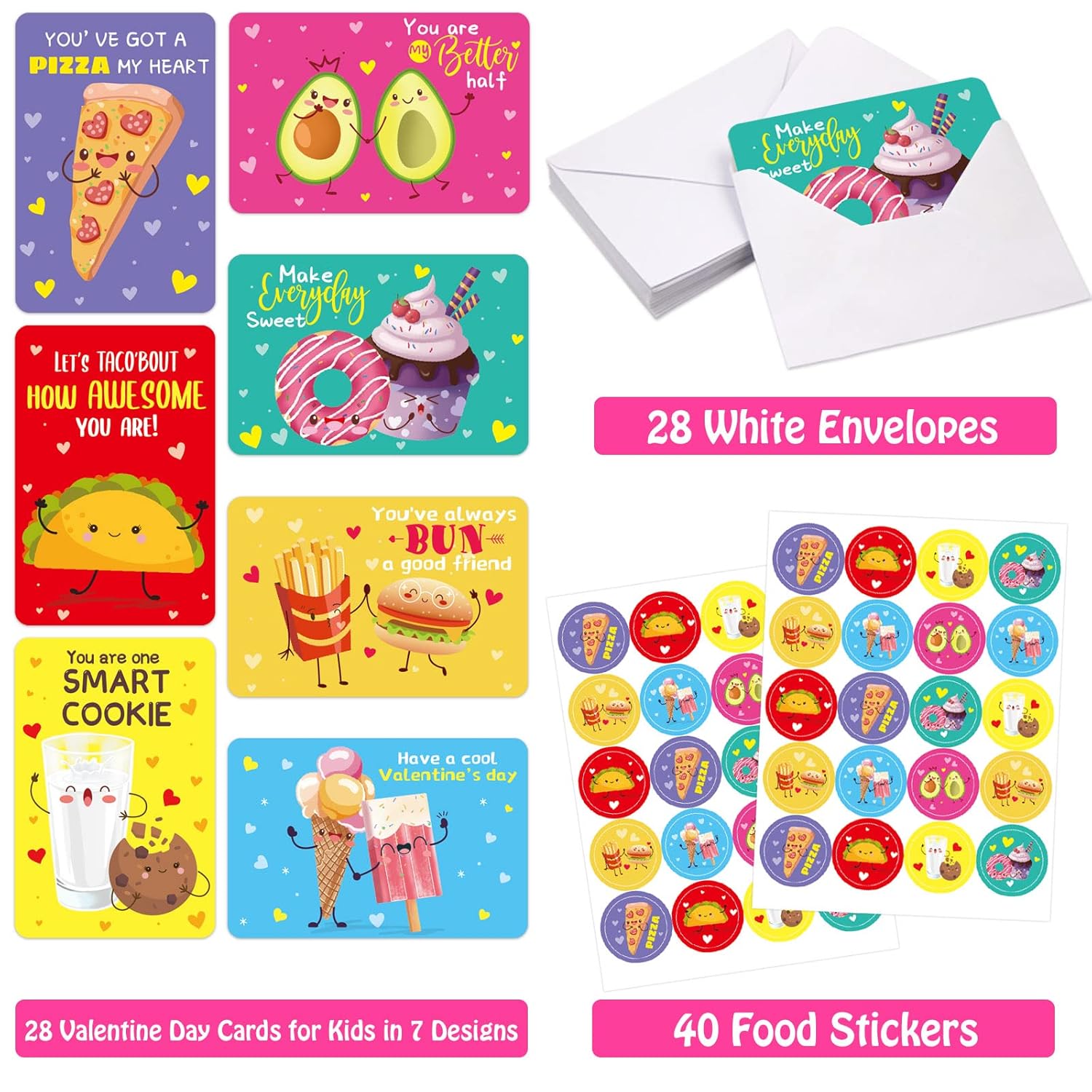 Valentine Day Cards Kids Food Theme Exchange Cards For Classroom Prizes Valentines Party Favor Supplies 28Pcs