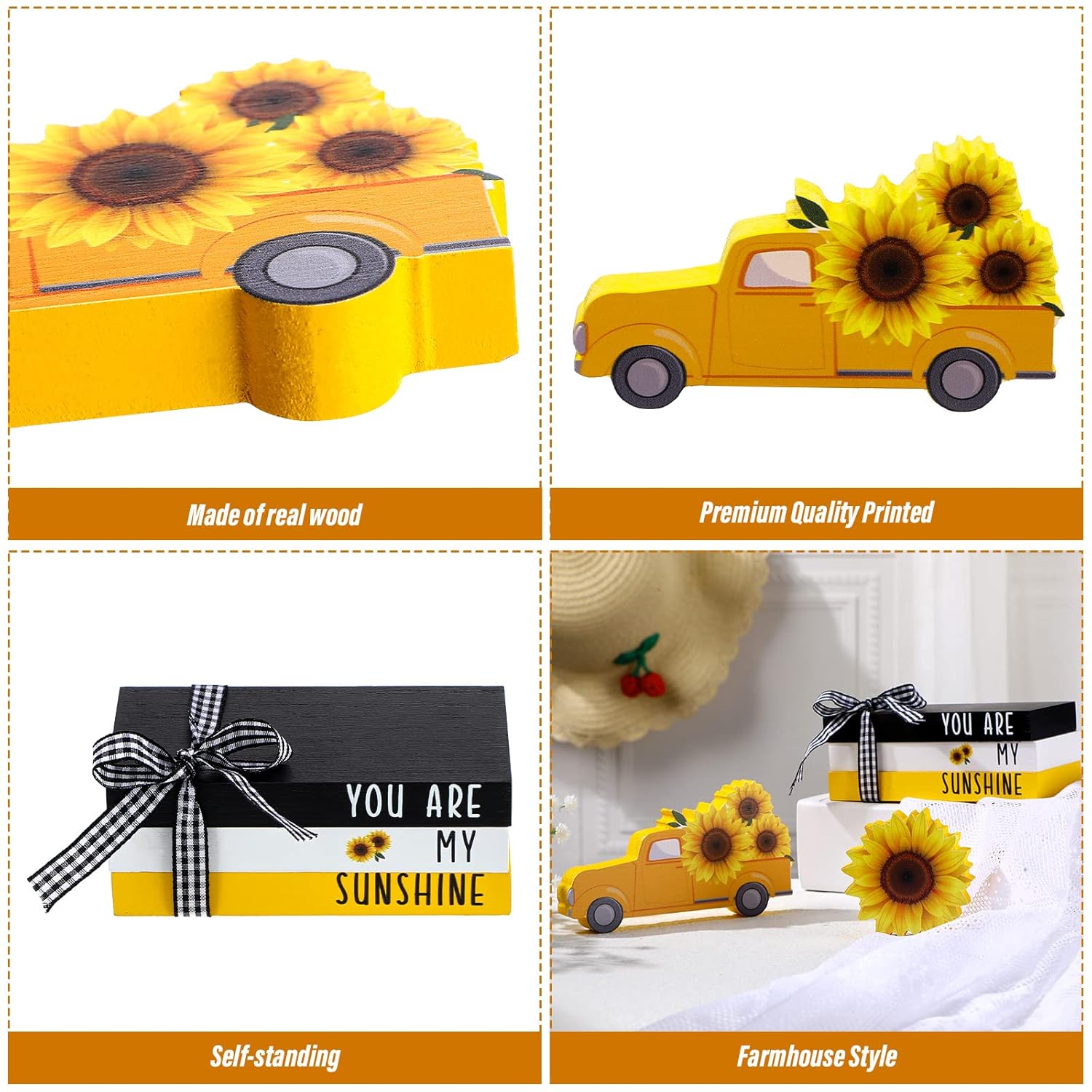 5 Pieces Farmhouse Tiered Tray Decor Items Rustic Wooden Mini Truck Bundle Books Stack Sign For Summer Spring Home Harvest Table Shelf Decorations(Sunflower Style)