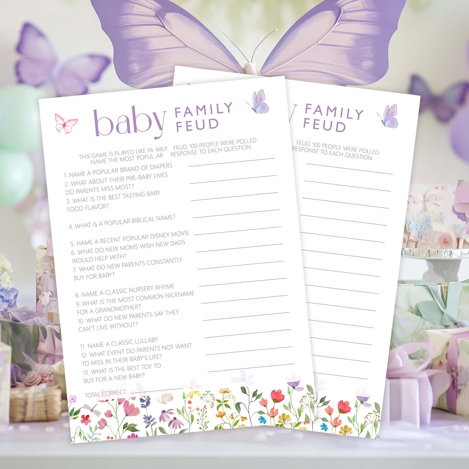 Shower Games, 30 Butterfly Family Feud Game Cards + 1 Answer Card, Spring Gender Reveal Party Decorations Supplies Favors - G06