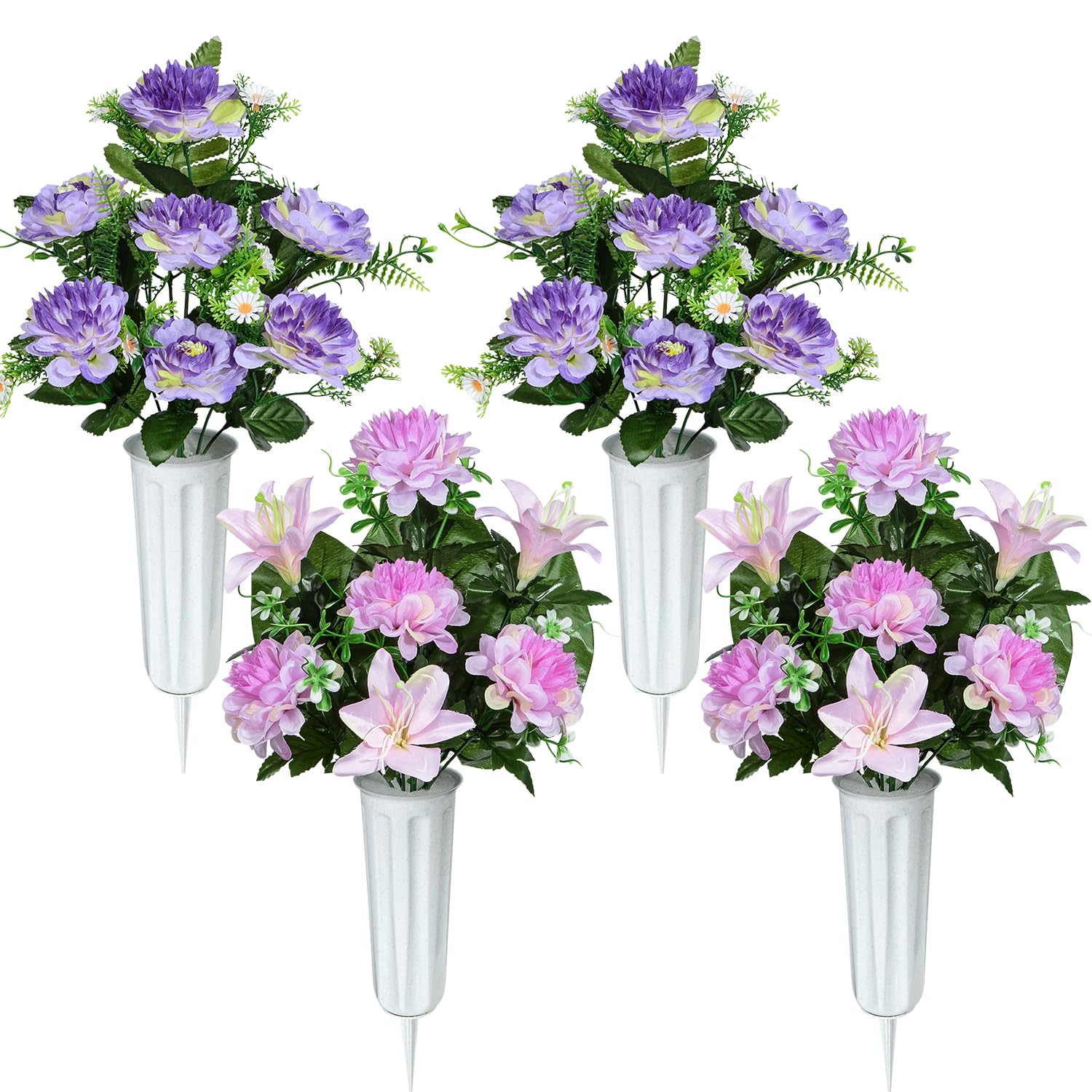 Artificial Cemetery Flowers, Artificial Grave Memorial Flowers With Vase For Cemetery Graveyard Decoration (Purple Flowers Bouquets, Set Of 4)