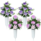 Artificial Cemetery Flowers, Artificial Grave Memorial Flowers With Vase For Cemetery Graveyard Decoration (Purple Flowers Bouquets, Set Of 4)